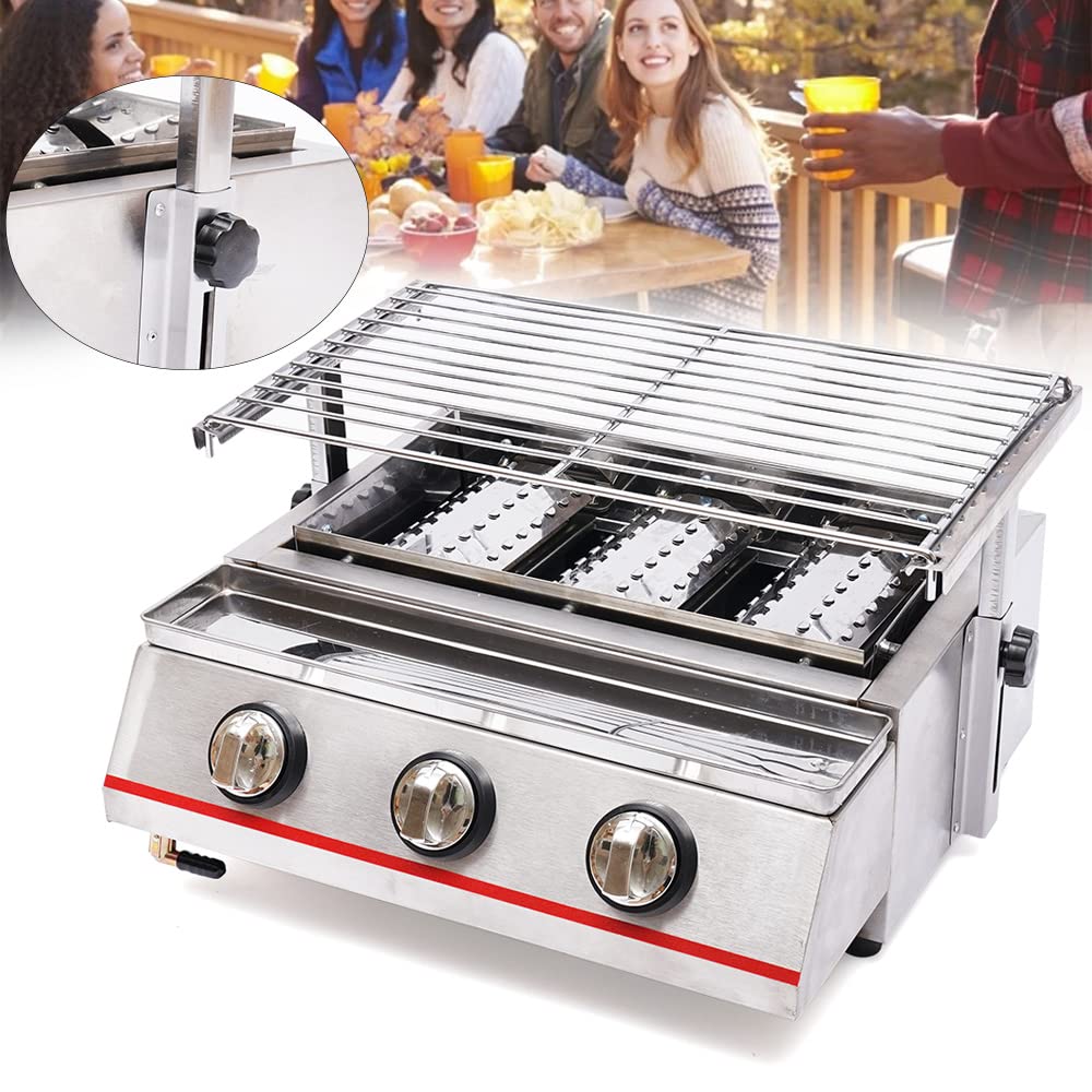 3-Burner BBQ Gas Grill - 2800PA Commercial LPG Outdoor Grill with Stainless Steel Tabletop - Multi-Function for Camping, Backyard Cooking & Patio Parties
