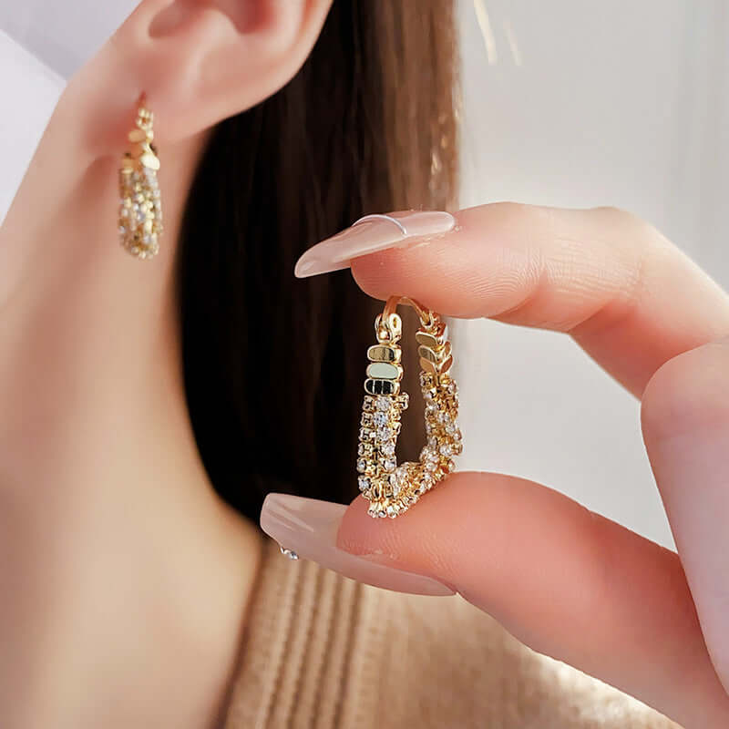 U Shaped Trillion Gold Beads Lever Back Hoop Earrings for Women | Elegant Party & Wedding Jewelry Gift | R1249