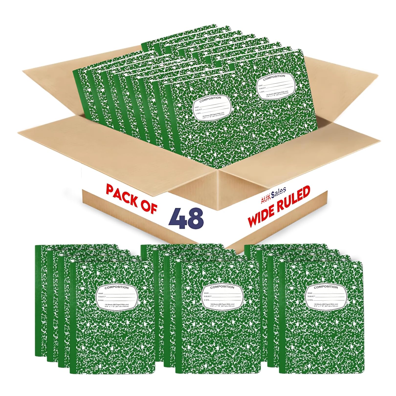 AUKSales Bulk Pack of 48 Wide Ruled Composition Notebooks - 100 Sheets, 9.75