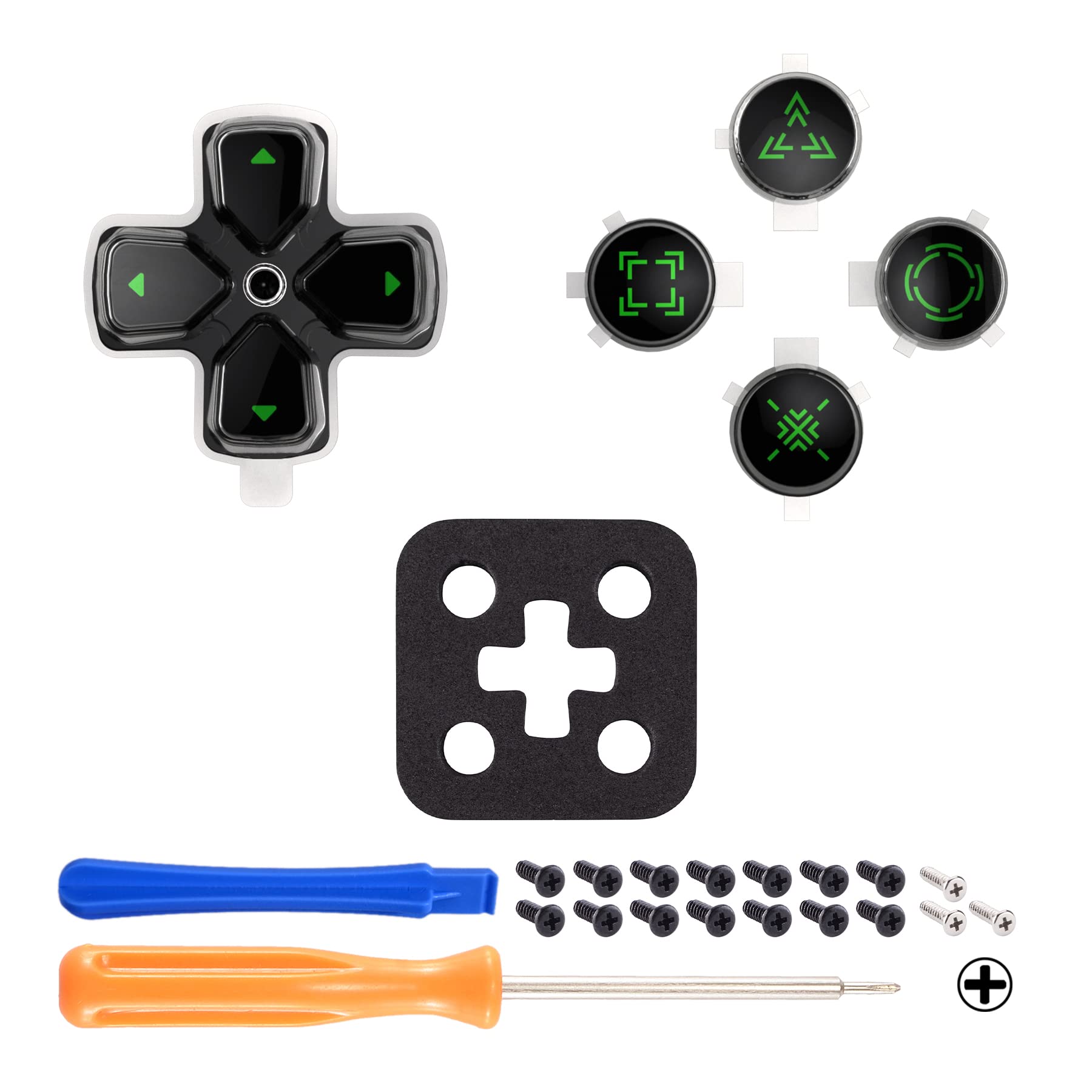 eXtremeRate Custom D-Pad Replacement Buttons for PS5 Controller - Black & Clear Three-Tone with Redesigned Green Symbols | Enhanced Gaming Performance for FPS, Fighting & Action Games