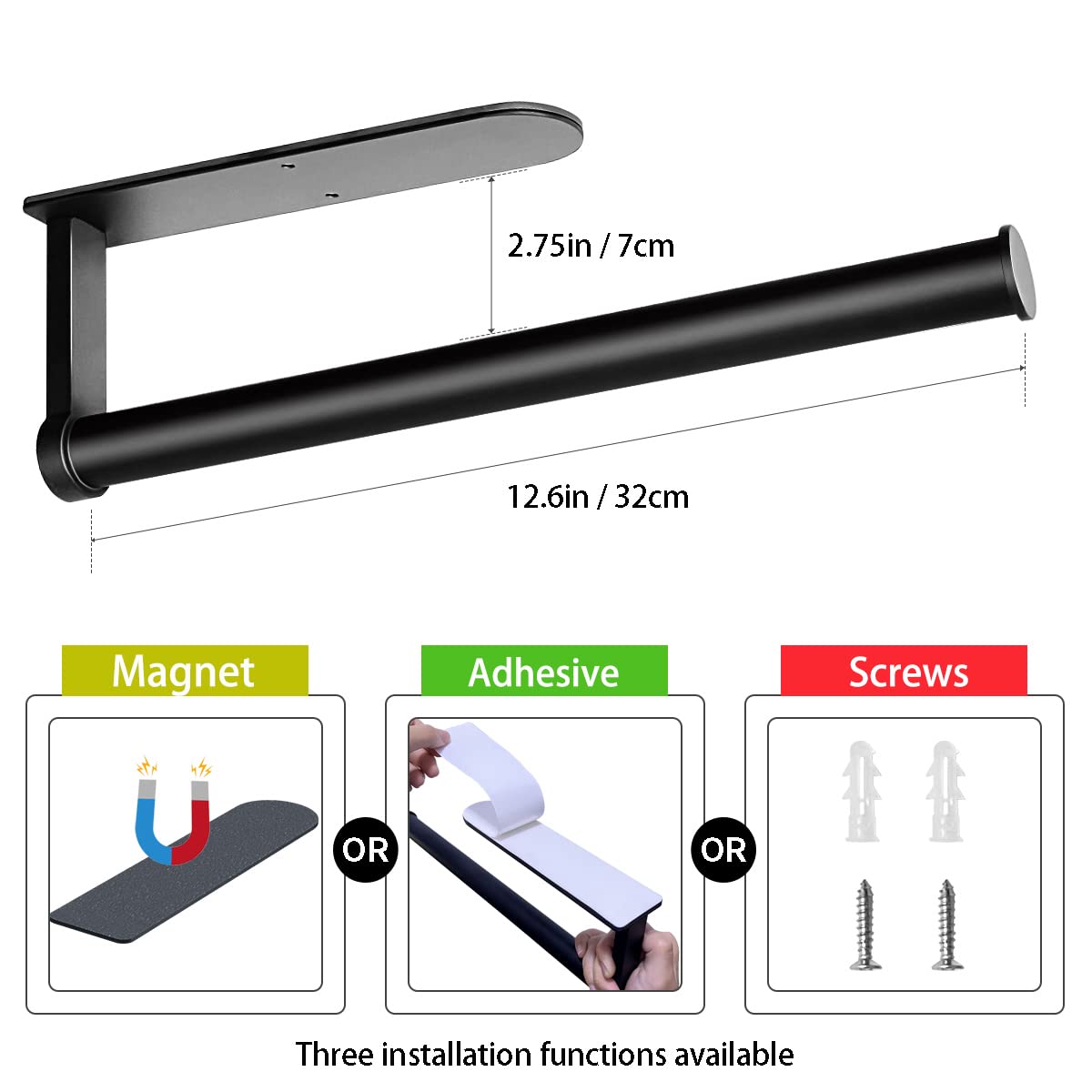 OBODING 3-in-1 Magnetic Paper Towel Holder - Strong Magnetic Backing for Kitchen, Refrigerator, Grill, Garage, Toolbox & RV - Space-Saving Black Kitchen Organizer - Perfect for Cooking, Camping & DIY Projects