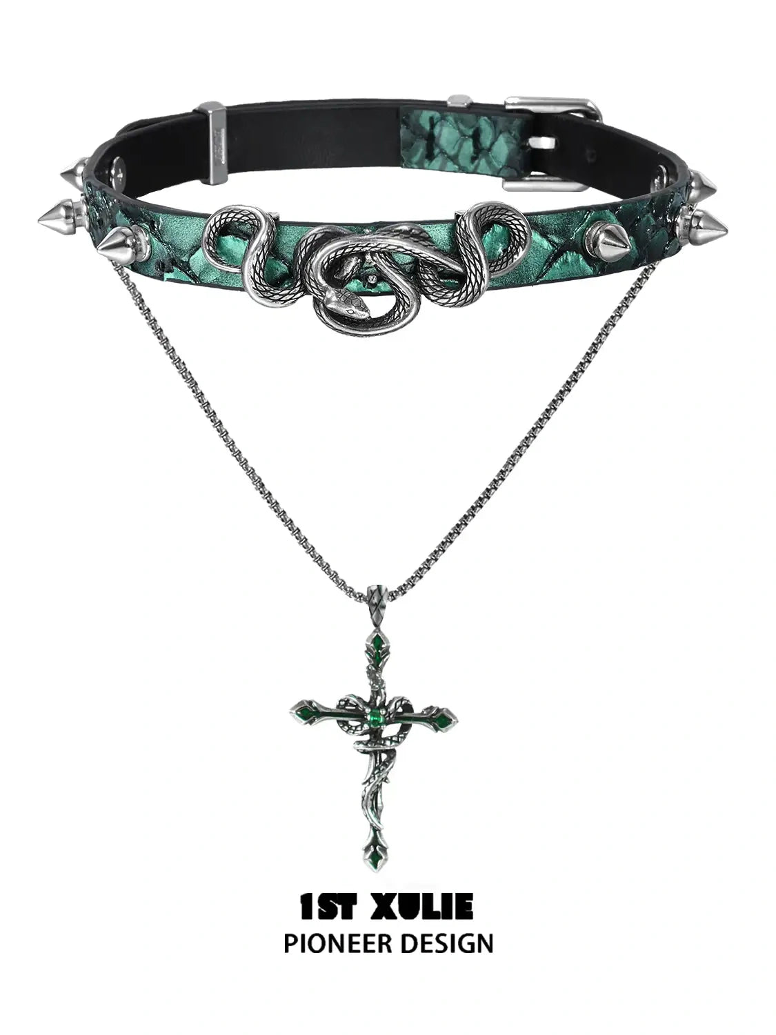 18k Gold Plated Snake Bite Choker Necklace with Leather Rivets - Gothic Punk Jewelry for Women, Perfect for Concerts, Halloween & Alternative Fashion