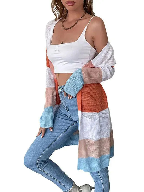 Women's Casual Striped Cardigan Sweater - Soft Long Sleeve Open Front Knit Wrap for Fall & Winter - Perfect for Office, Travel, and Cozy Evenings