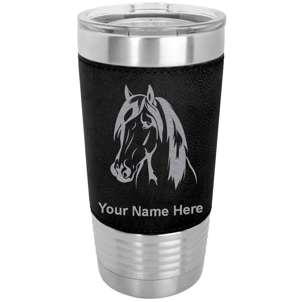 LaserGram 20oz Vacuum Insulated Stainless Steel Tumbler Mug with Horse Head Design - Personalized Engraving, Faux Leather Wrap & Leakproof Lid - Perfect for Coffee, Tea, Iced Drinks at Home, Office or Travel (Black)