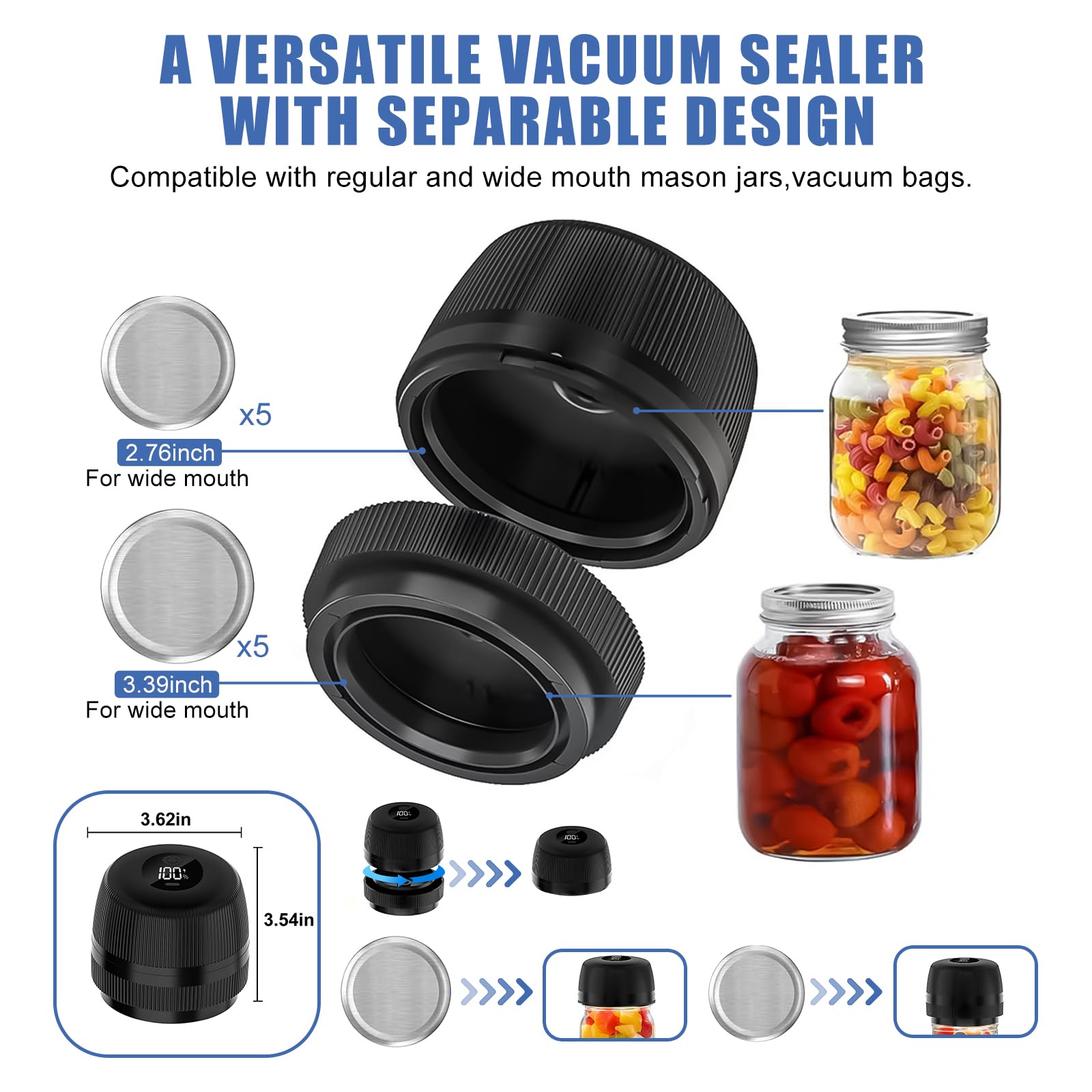 Electric Mason Jar Vacuum Sealer Kit - Automatic Food Saver for Regular & Wide Mouth Jars | Preserve Freshness for Meal Prep, Canning & Long-Term Food Storage