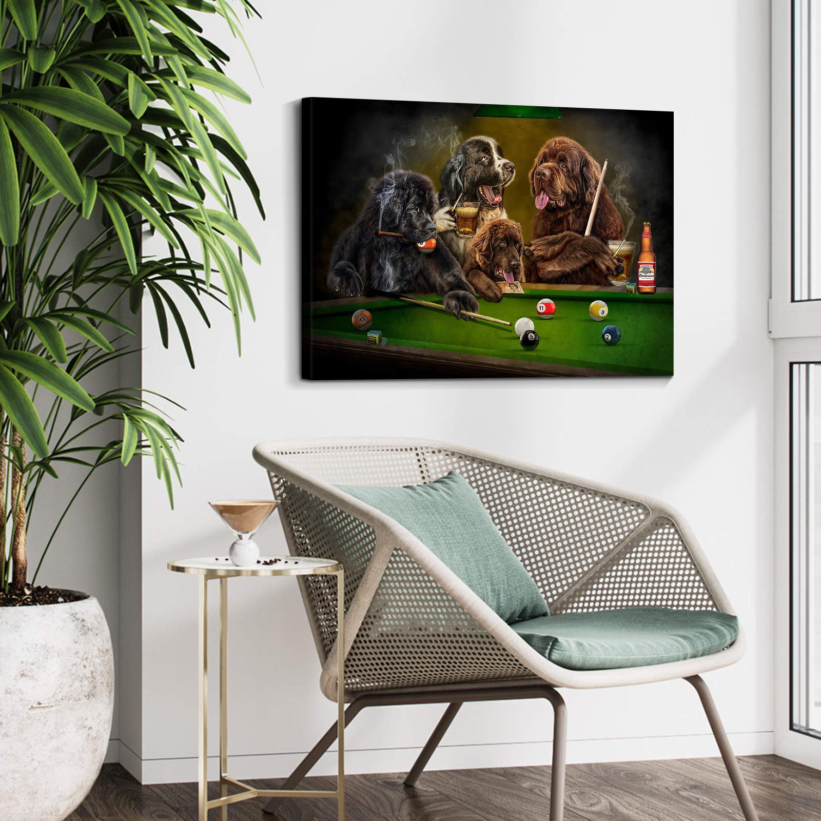 Denozer - Dogs Playing Pool by Cassius Marcellus Coolidge - Premium Oil Painting Reproduction on Gallery-Wrapped Canvas (48x36 Inch) - Ready to Hang Billiards Game Artwork for Entertainment Room, Man Cave & Game Room Wall Decor