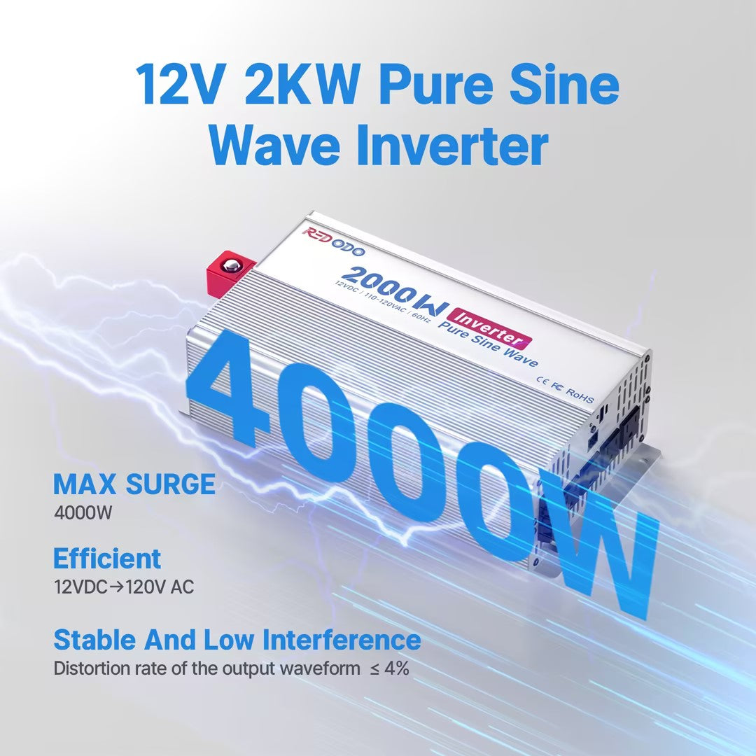 Redodo 2000W Pure Sine Wave Power Inverter - 90% High Efficiency with LCD Display for RV, Truck, Boat & Off-Grid Solar System