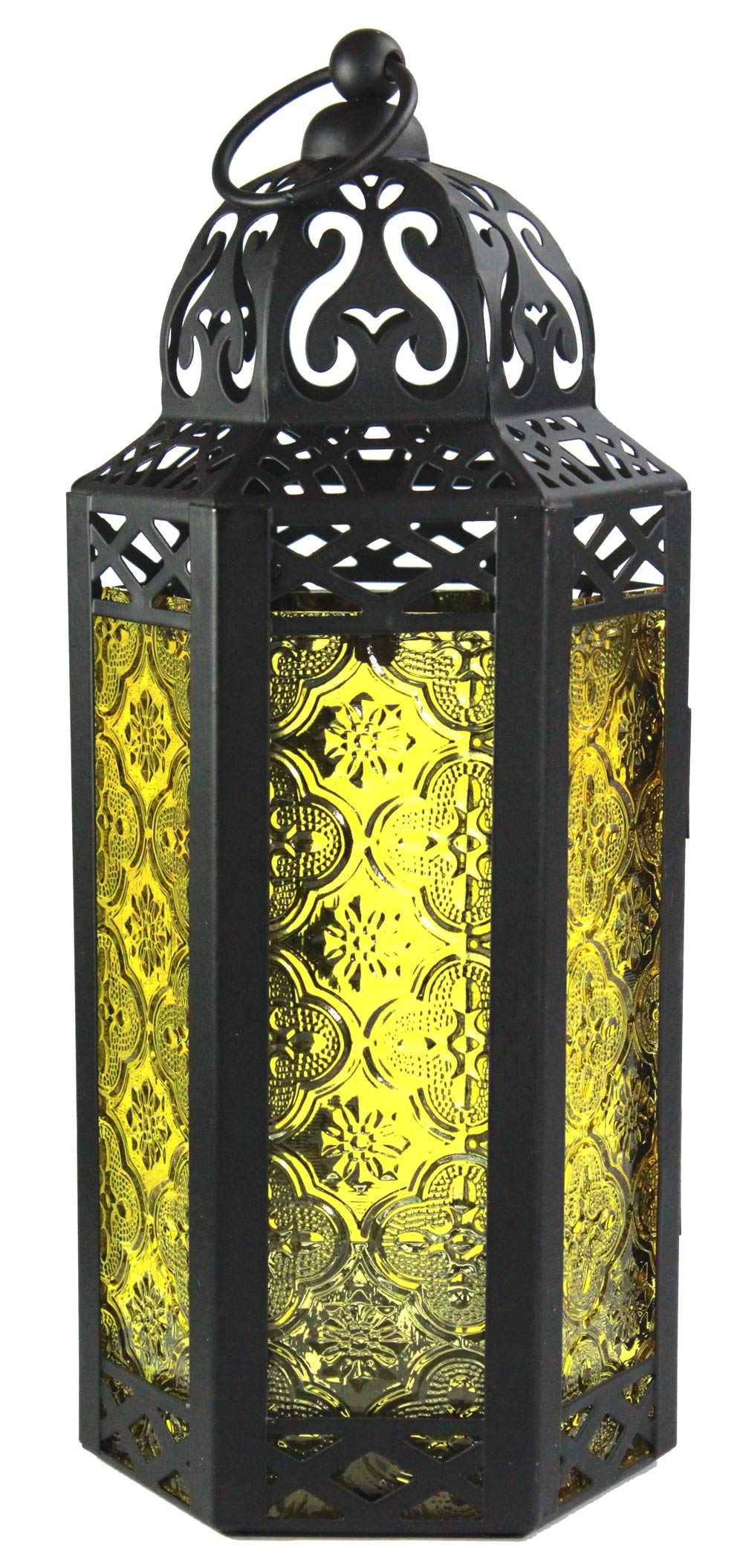 VELA Moroccan Candle Lantern - Black Metal & Yellow Glass Table/Hanging Lamp for Ramadan Decor, Home & Wedding Decorations - Indoor Living Room & Outdoor Patio Lighting - Perfect for Dining Tables, Porch Ambience & Special Events