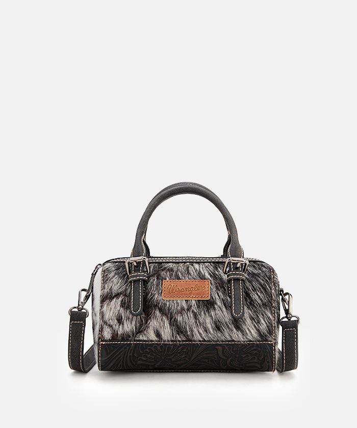 Wrangler Genuine Hair-On Cowhide Barrel Bag - Western Style Leather Crossbody Purse for Women | Perfect for Rodeo, Country Music Festivals & Everyday Use