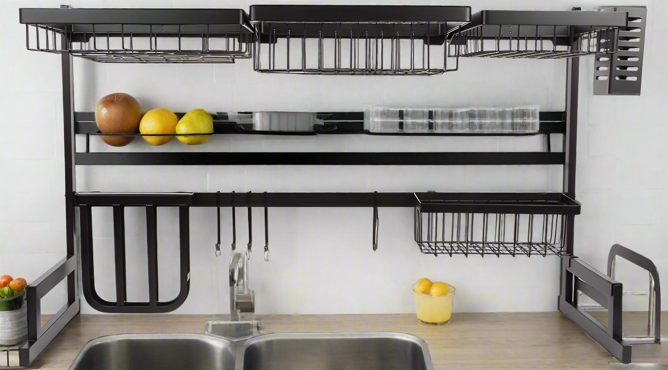 Premium Black Stainless Steel Over-the-Sink Dish Drying Rack | Space-Saving Kitchen Organizer with Adjustable Hooks & Shelves (Model BW6386) | Perfect for Small Kitchens, Apartments & RV Use