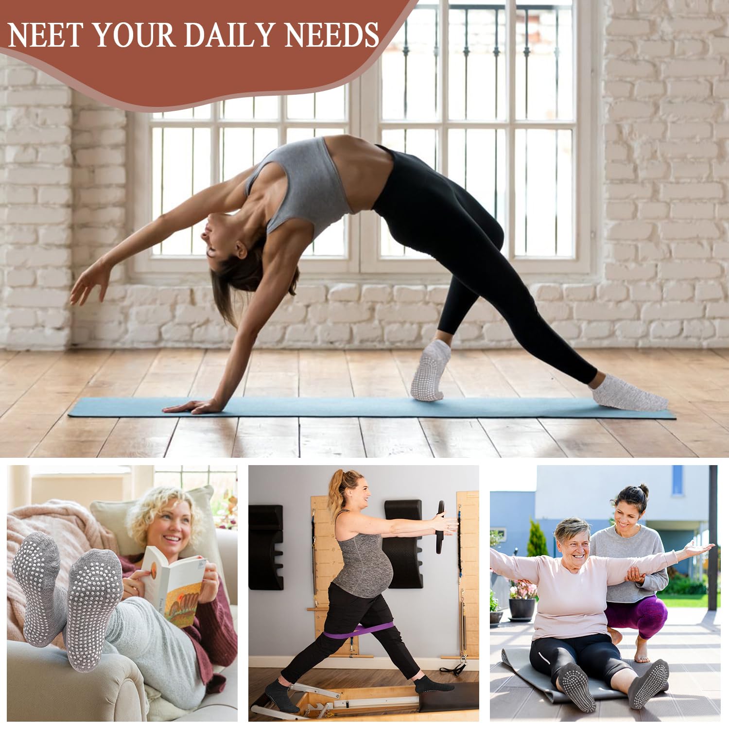 Non-Slip Yoga Socks for Women - 4/6 Pairs Grippy Pilates Socks for Barre & Hospital Use
