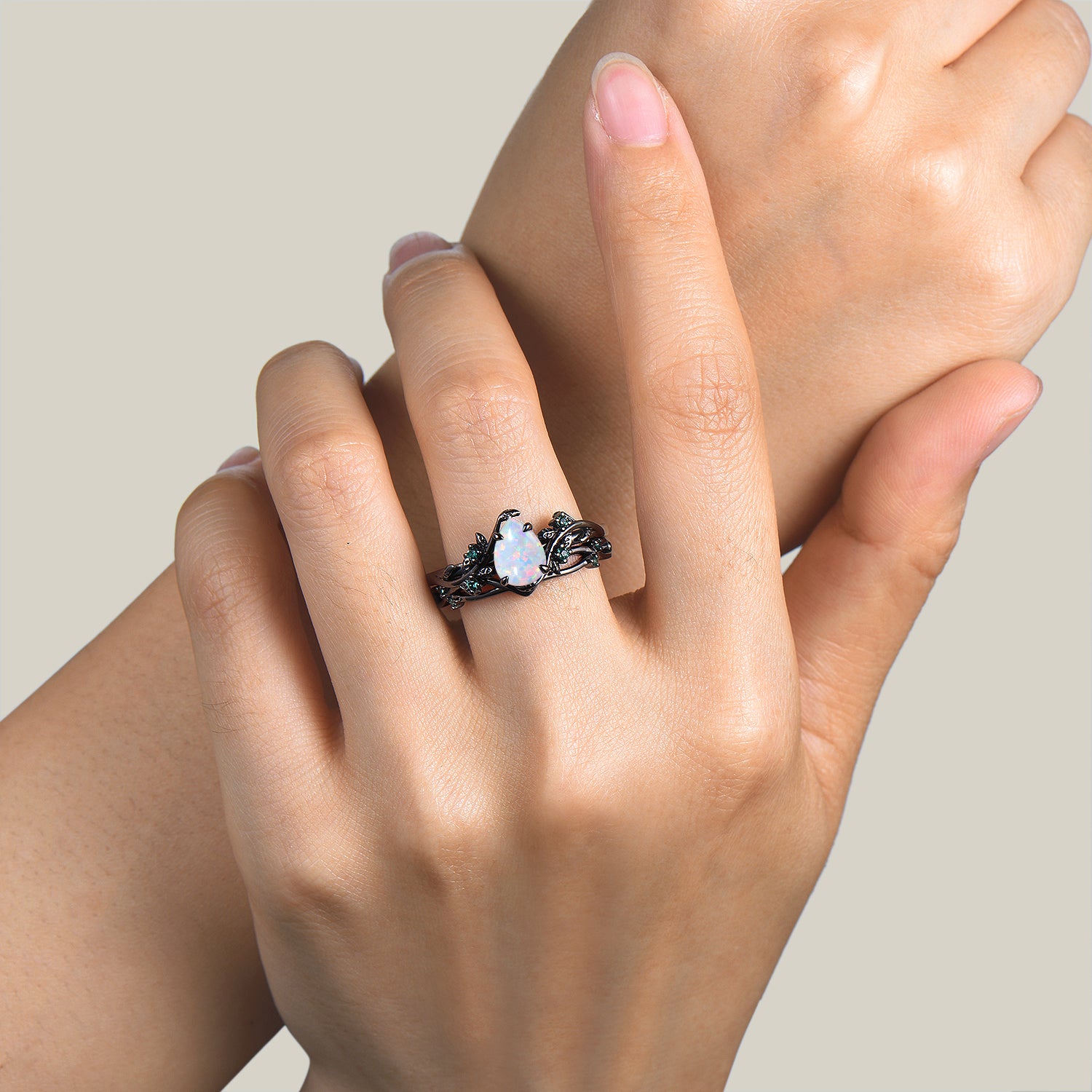 Teardrop Opal Nature Inspired Engagement Ring - Emerald Leaf Gothic Black Bridal Wedding Set for Women | Perfect for Boho, Vintage & Alternative Wedding Jewelry