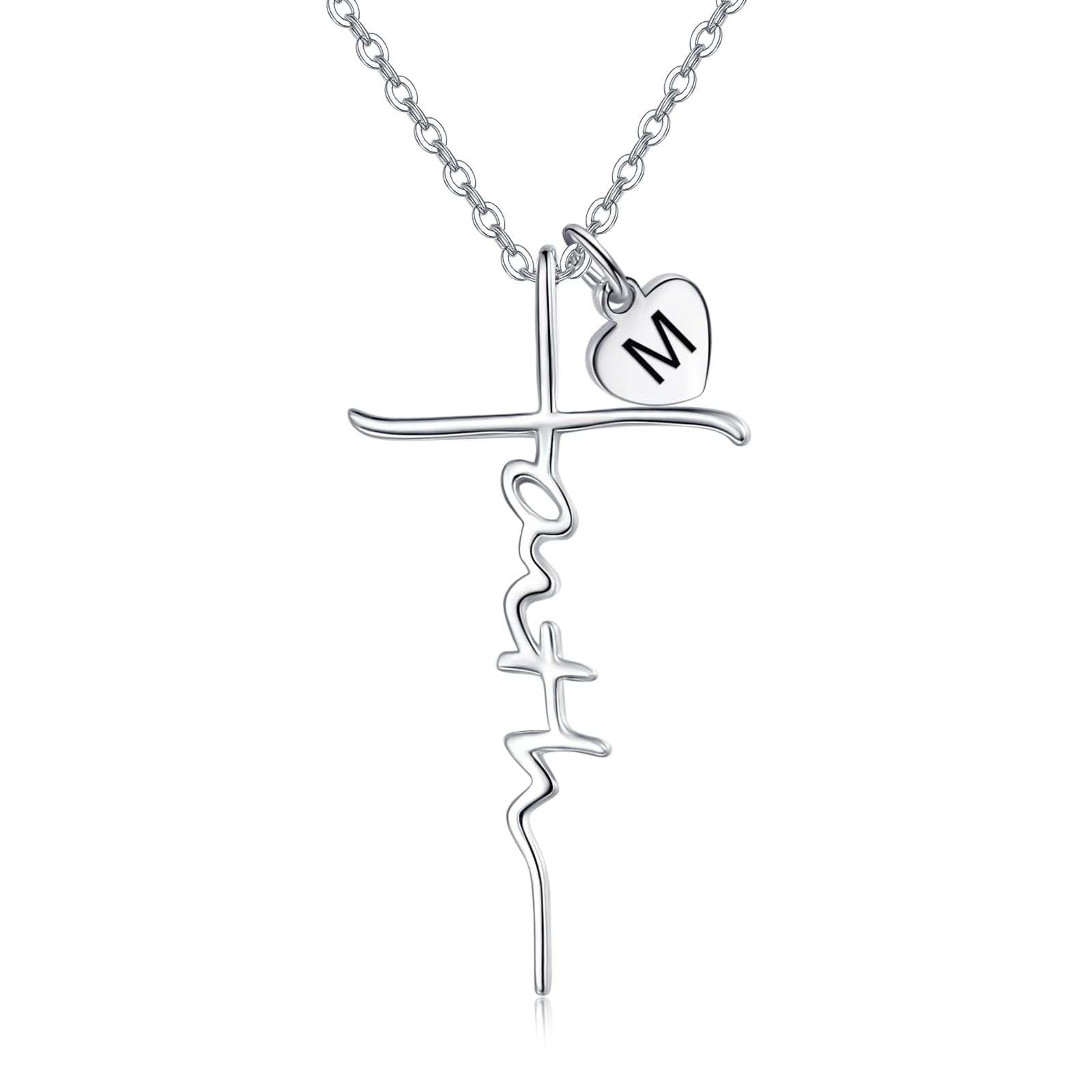 PRAYMOS Women's 925 Sterling Silver Cross Pendant Necklace with Birthstone & Initial - Christian Religious Jewelry Gift for Baptism, Confirmation & Daily Wear