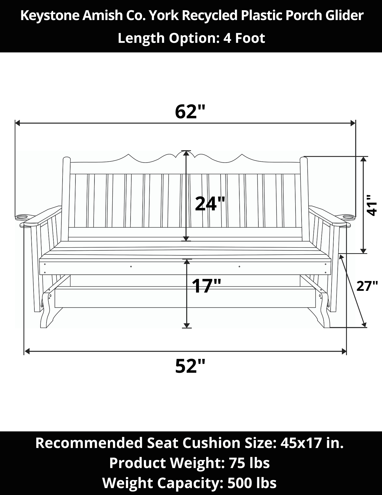 Keystone Amish Co. York Recycled Plastic Porch Glider - Eco-Friendly Outdoor Swing Bench for Patio, Garden & Backyard Relaxation
