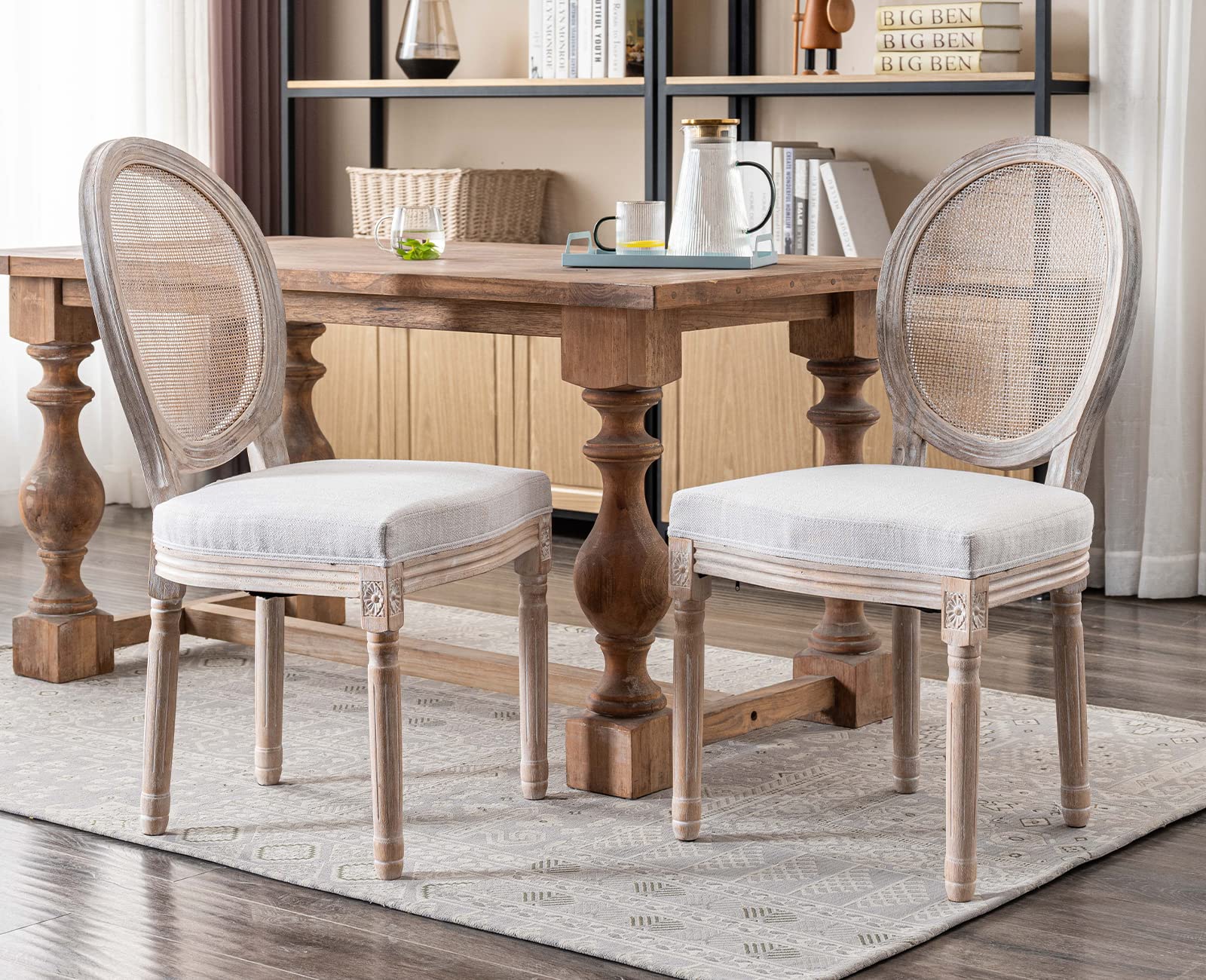 Kmax Farmhouse Dining Chairs Set of 2 - Distressed French Country Style Upholstered Chairs with Round Rattan Back, Tufted Kitchen Seating in Beige - Perfect for Dining Room, Breakfast Nook & Cozy Bedroom Sitting Area