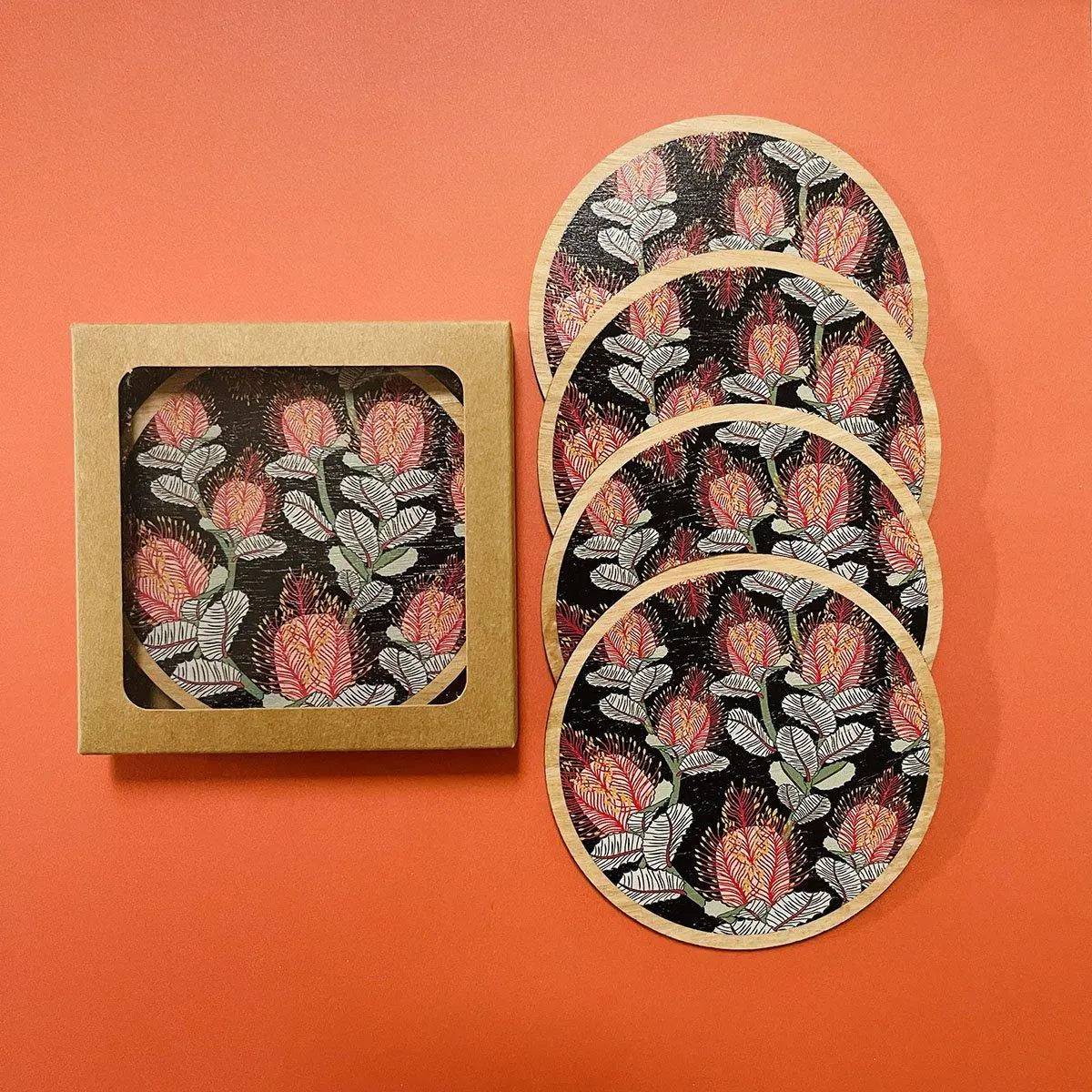 Premium Coral Banksias Australian Wooden Coaster Set - 4-Piece Natural Wood Drink Coasters for Hot & Cold Beverages - Perfect for Home, Office, and Outdoor Use