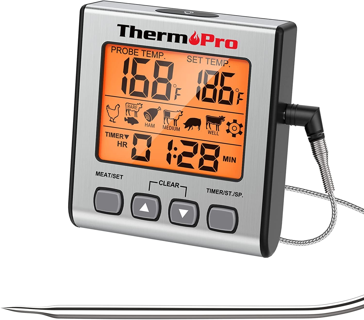 ThermoPro TP16S Digital Meat Thermometer for Grilling & BBQ - Smart Timer Mode & Backlight - Perfect for Cooking, Smoking, and Outdoor Cooking