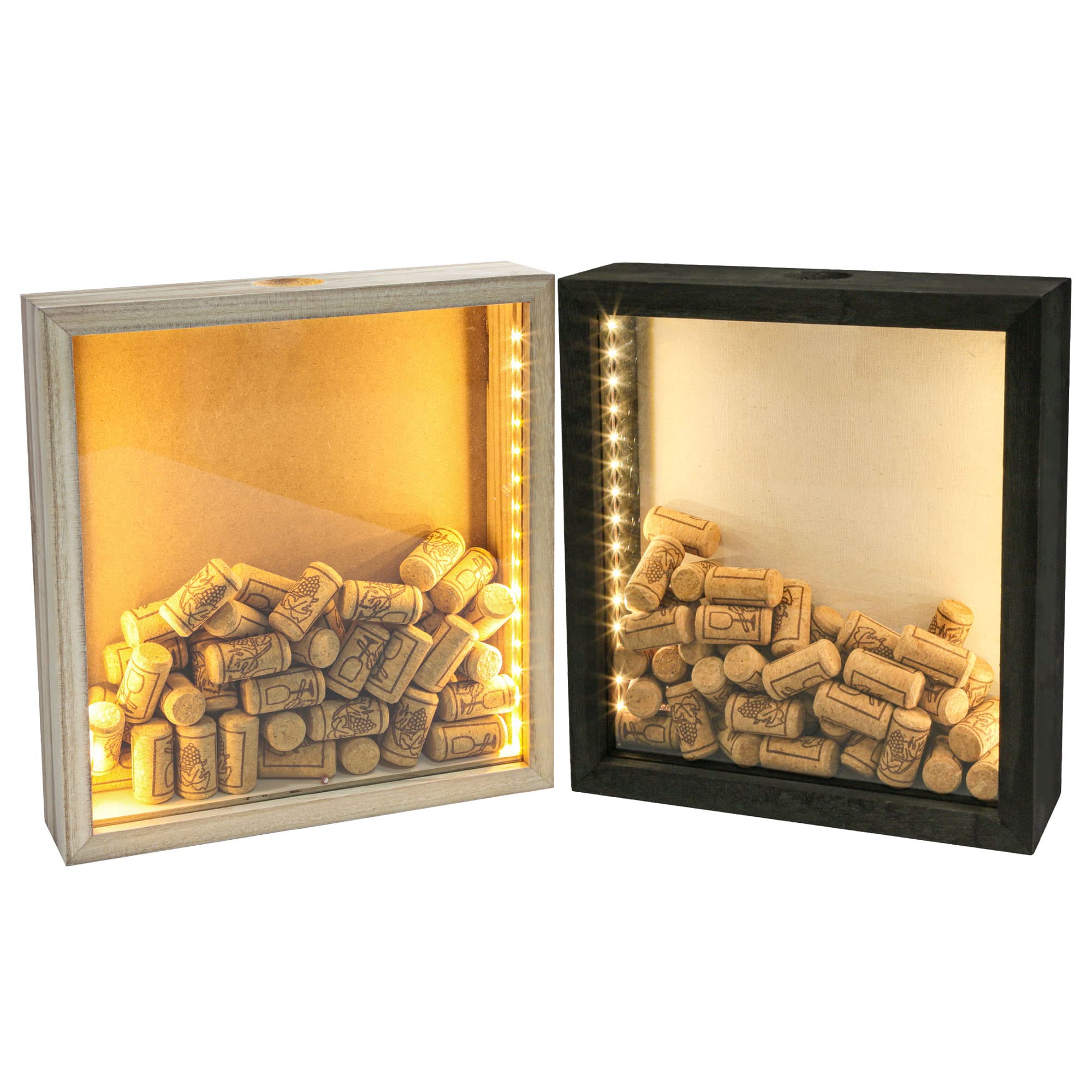 Pack of 2 LED Illuminated Wine Cork & Beer Cap Shadow Box Display - 11x12 Inch Wall Mounted Memory Gift for Home Bar Decor, Man Cave, Wedding Anniversary Present & Collectible Showcase