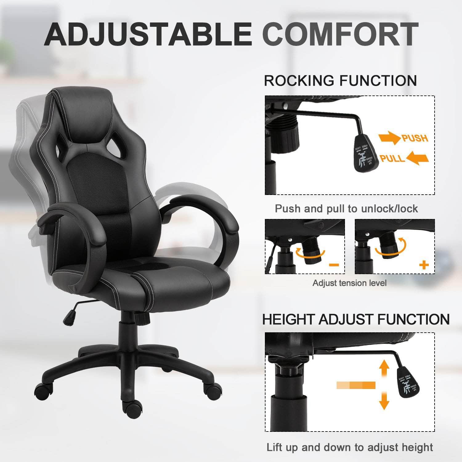 High Back Racing Style Office Gaming Chair - Adjustable Swivel Seat, Ergonomic Faux Leather Computer Desk Chair for Work & Gaming - Available in 3 Colors (Black/Red/Blue) - Perfect for Home Office, Gaming Setup & Streaming Studio