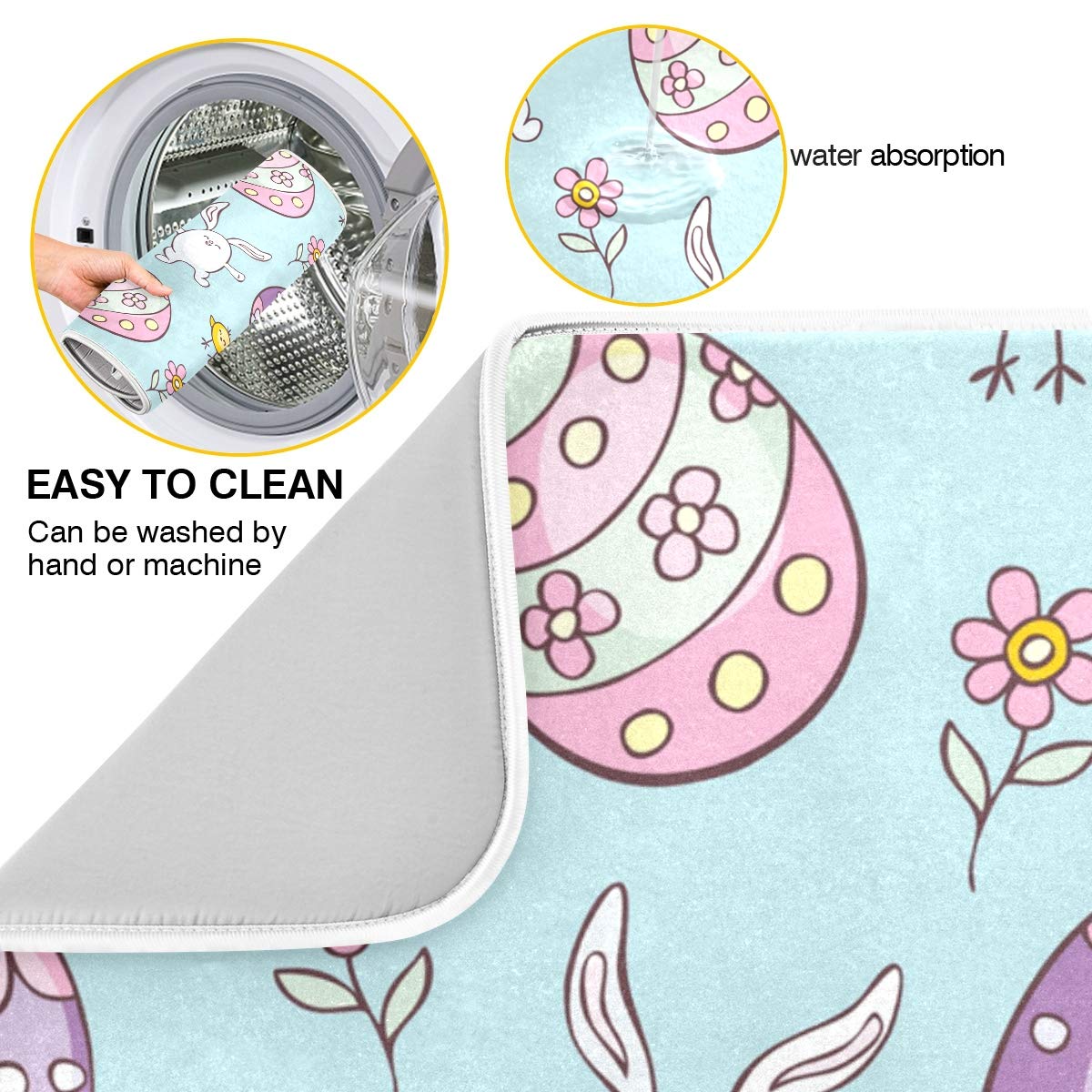 Easter Egg Dish Drying Mat - Rabbit Design Microfiber Kitchen Mat, Super Absorbent & Reversible, 18x24 Inch - Perfect for Easter Decor, Kitchen Countertop & Drying Dishes