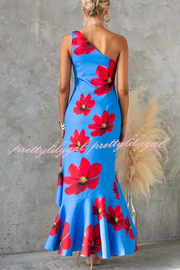 Elegant Muse Floral Print One Shoulder Ruffled Maxi Dress with High Slit | Summer Beach Wedding, Party & Evening Gown | Women's Fashion