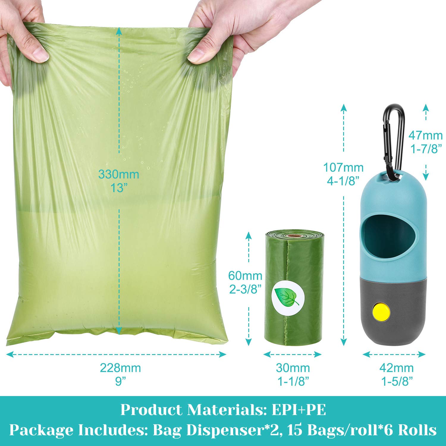LED Dog Poop Bag Holder with Flashlight - 2 Pack Leash Attachment Waste Bag Dispenser with Carabiner Clip & 6 Rolls Included - Convenient for Night Walks, Park Visits, and Travel with Your Pet