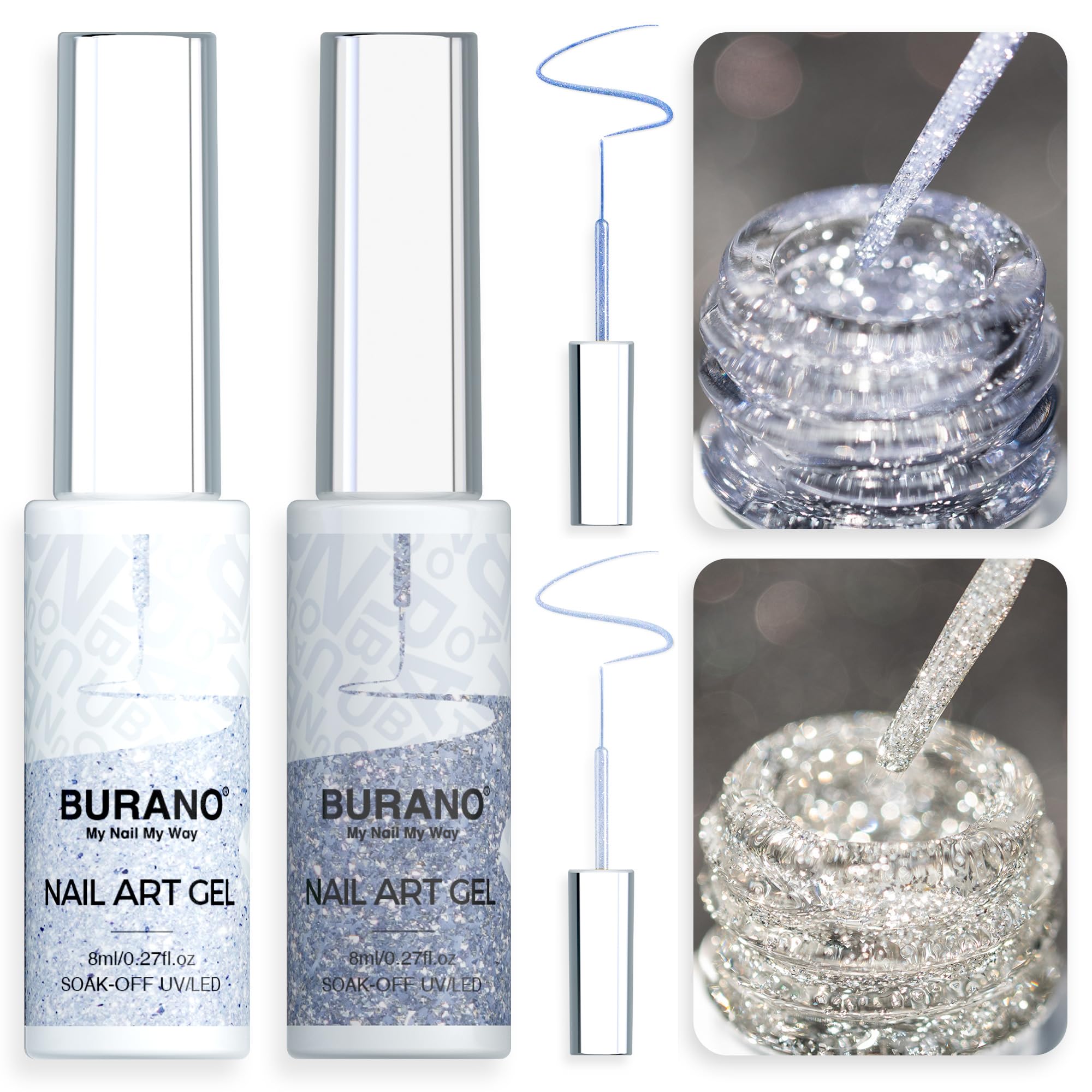 BURANO Silver & Gold Gel Nail Polish Set - 2 Bottles (8ml Each) with Thin Brush for Precise Nail Art Designs, UV/LED Curing Required - Perfect for Salon, Home Manicures & Special Occasions