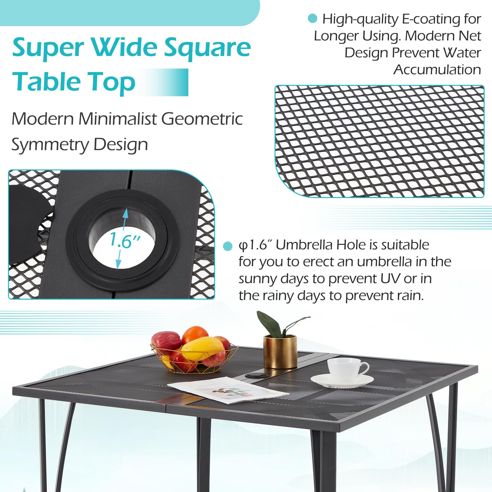 AECOJOY 39.4 Inch Square Outdoor Dining Table for 4 People - Weatherproof Metal Patio Table with 1.6 Inch Umbrella Hole - Perfect for Backyard, Garden, Poolside & Outdoor Entertaining (Dark Grey)