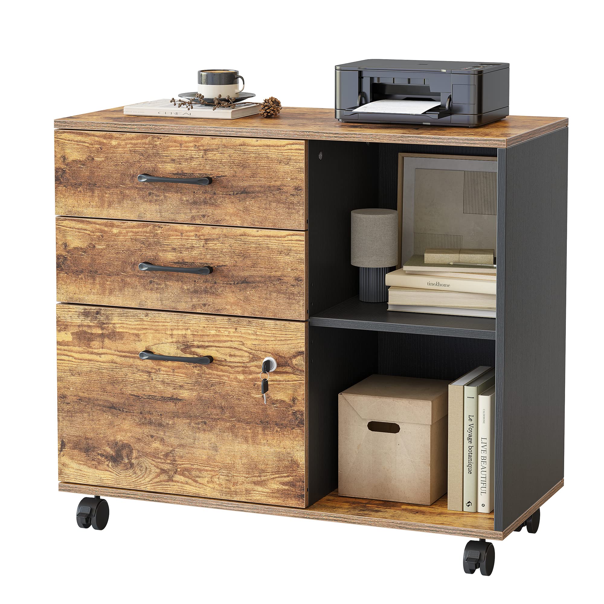 FEZIBO 3-Drawer Rolling File Cabinet with Lock - Vintage Black Lateral Filing Cabinet & Printer Stand with Open Shelves for Home Office Organization | Perfect for Document Storage, Office Supplies & Workspace Organization