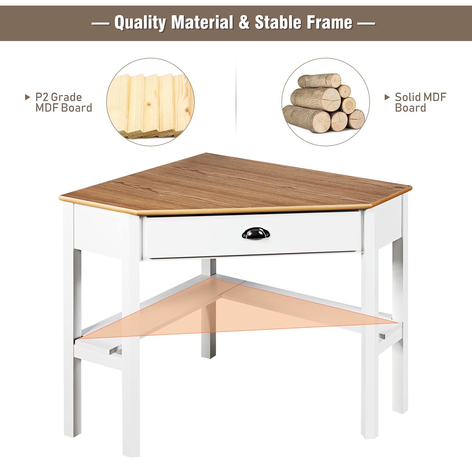 Modern Wooden Corner Desk with Drawers & Shelves - Space-Saving Triangle Computer Desk, Writing Table with Storage for Home Office, Bedroom, Small Spaces (Natural & White) - Perfect for Work, Study & Makeup Vanity