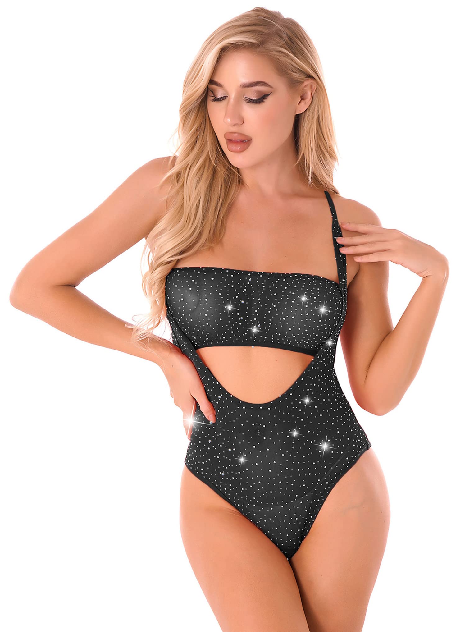 Sexy Women's Bodysuit with Tube Top & Rhinestone Decor - Mesh Leotard Teddy Catsuit for Clubwear, Cosplay & Lingerie Outfits