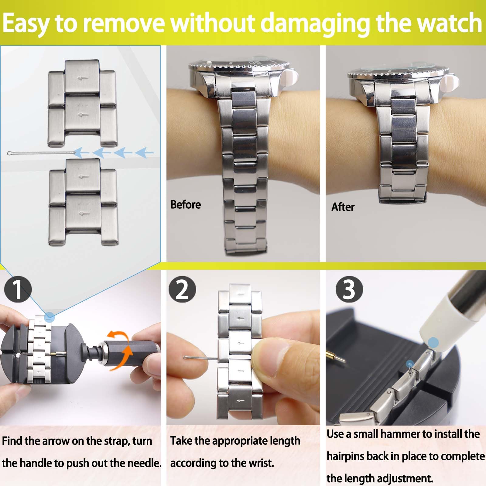 Watch Band Link Removal Tool Kit - Professional Watch Strap Sizing & Adjustment Set with Spring Bars, Pins & Hammer for Bracelet Resizing (Black) | Perfect for Watch Repair, Maintenance & DIY Jewelry Adjustments