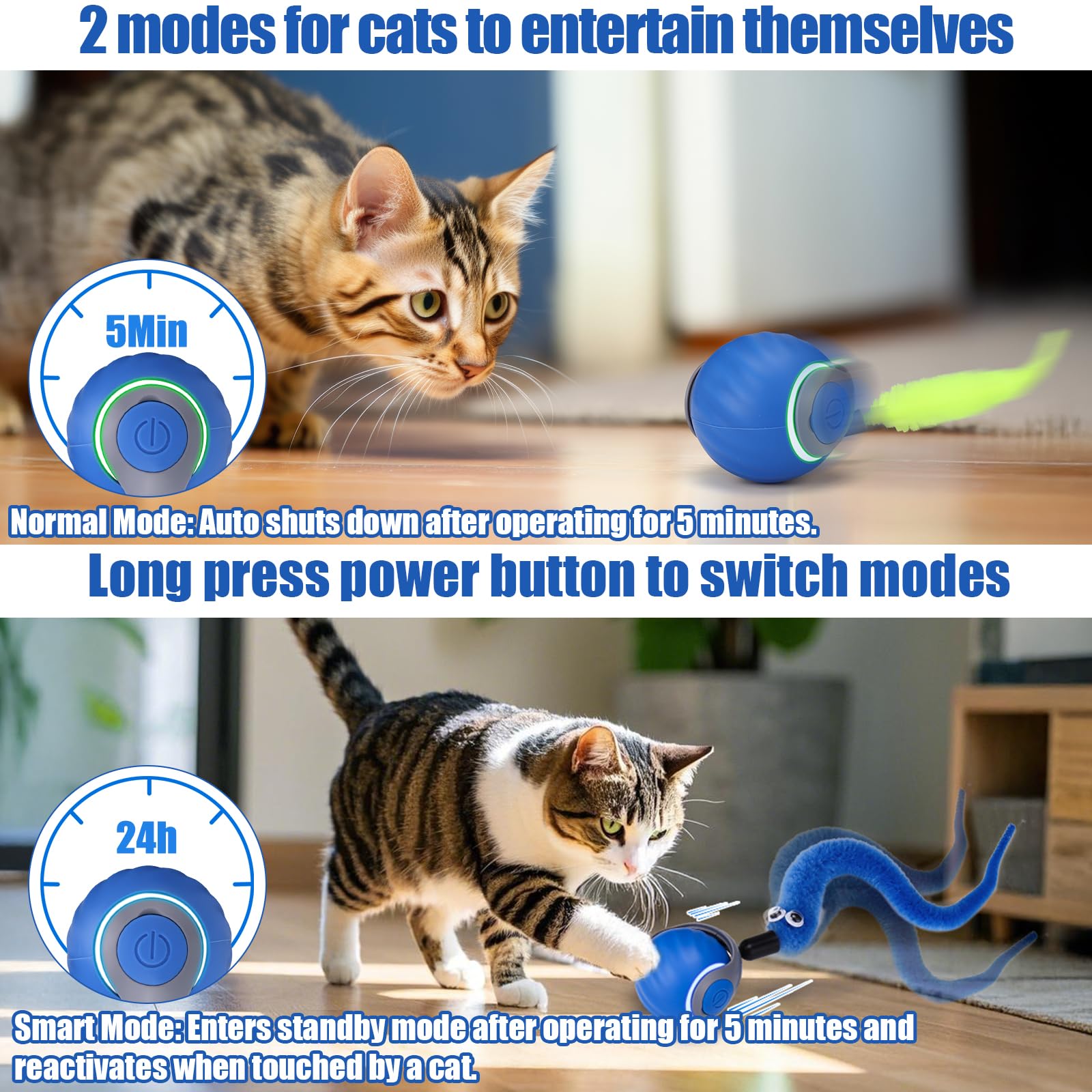 AIERSA Automatic Cat Toy - Interactive Self Play with 3 Tails for Indoor Cats (Blue) - Perfect for Bored Adult Cats