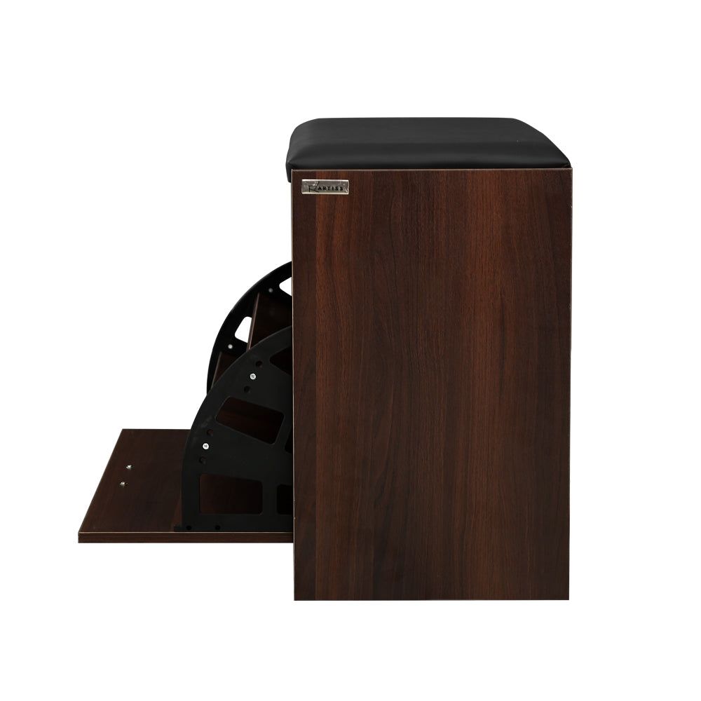 15-Pair Walnut Shoe Bench Cabinet - Entryway Shoe Storage Organizer for Hallway, Mudroom & Closet Organization
