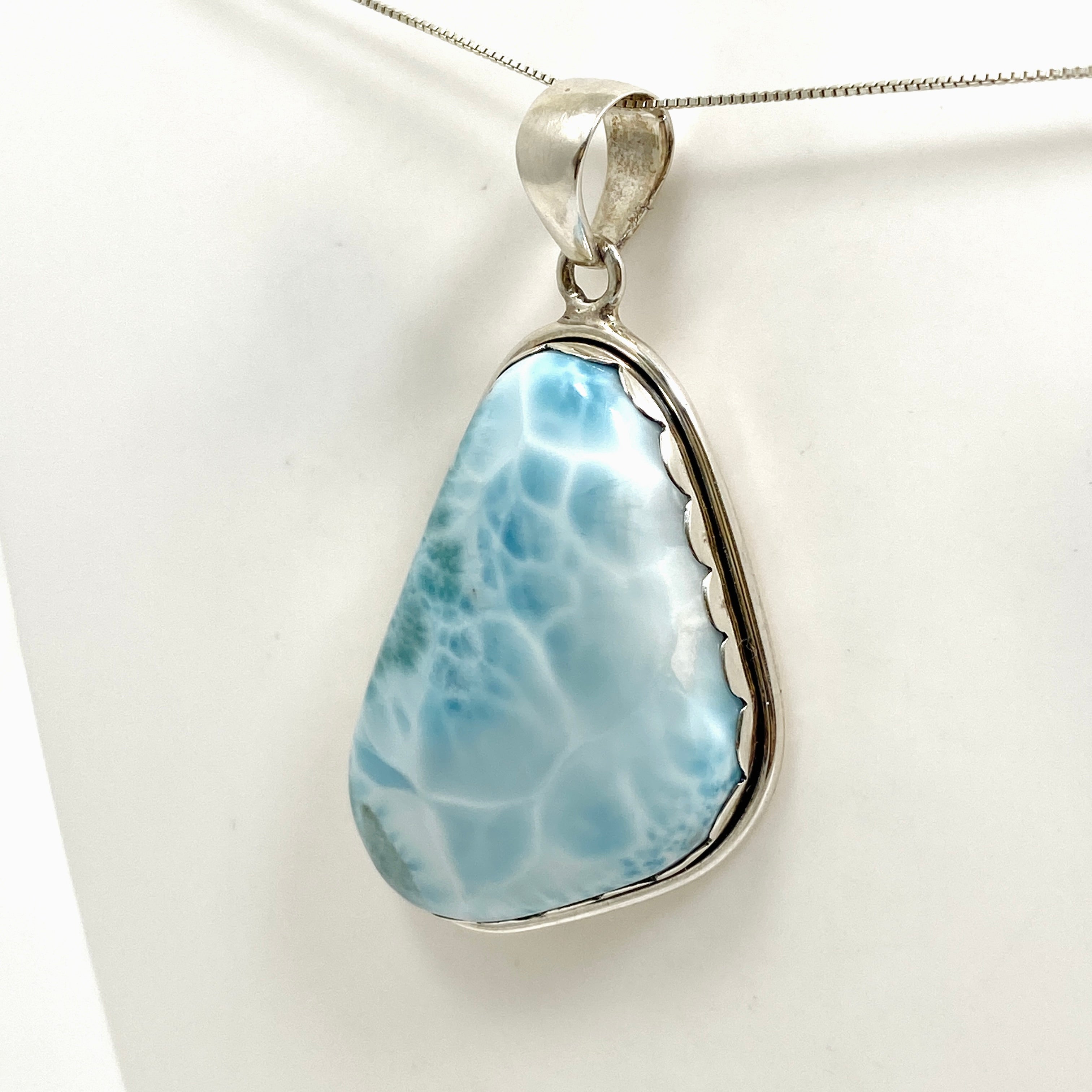 Natural Larimar Freeform Cabochon Pendant Necklace - Handmade Blue Stone Jewelry for Women - Perfect for Beach Vacations & Boho Fashion