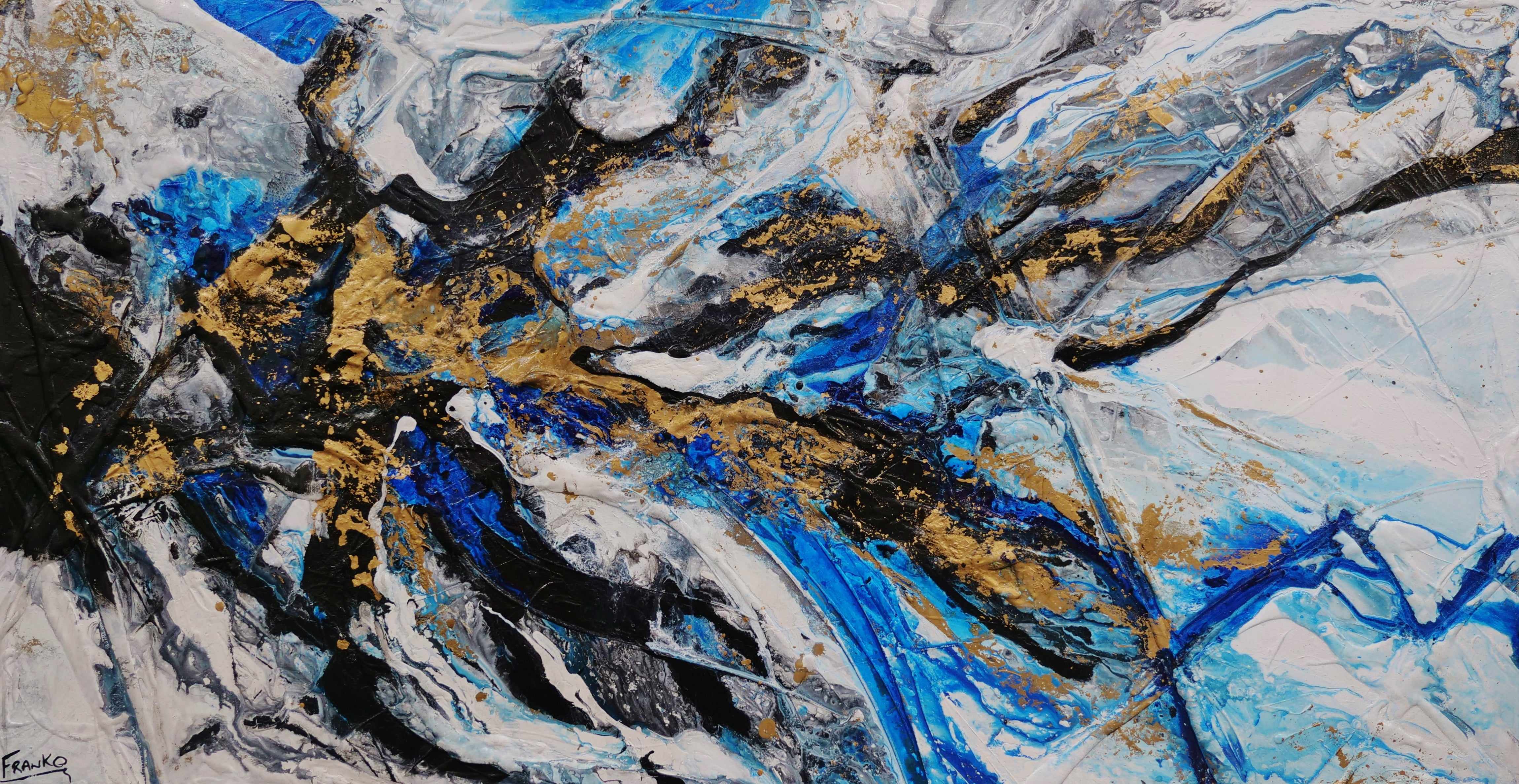 Golden Blue 190cm x 100cm Blue Gold Textured Abstract Canvas Wall Art - Modern Home Decor for Living Room, Bedroom & Office