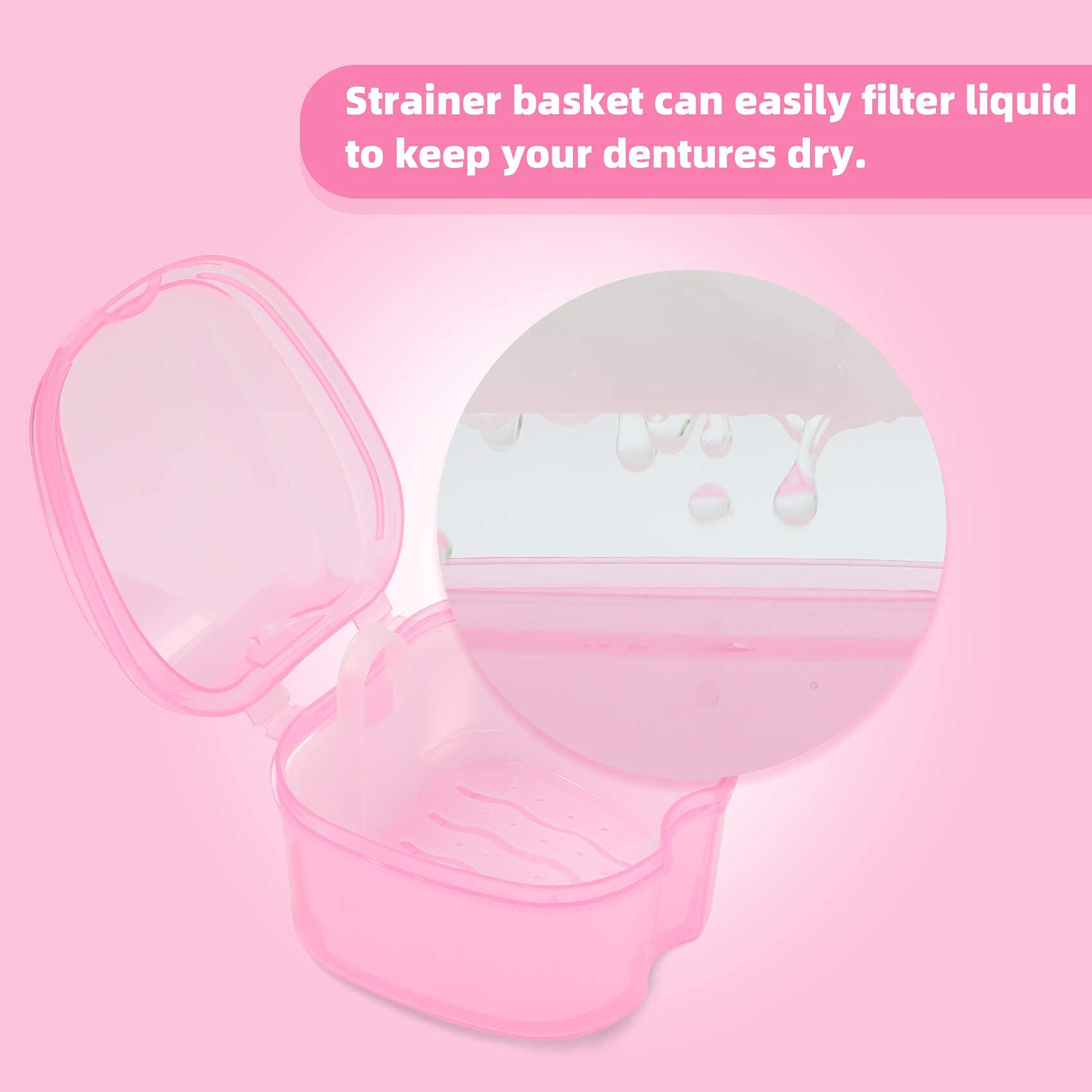 Orthodontic Retainer Case with Waterproof Lid - Denture Soaking Bath Box & Mouthguard Storage Container - Pink | Perfect for Travel, Home & Daily Dental Care