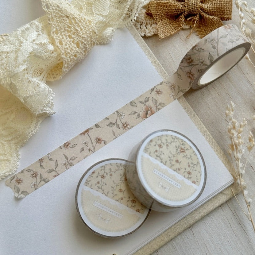 Beige and Red Floral Washi Tape - 15mm Wide Decorative Paper Tape for Scrapbooking, Journaling, Gift Wrapping, and DIY Crafts