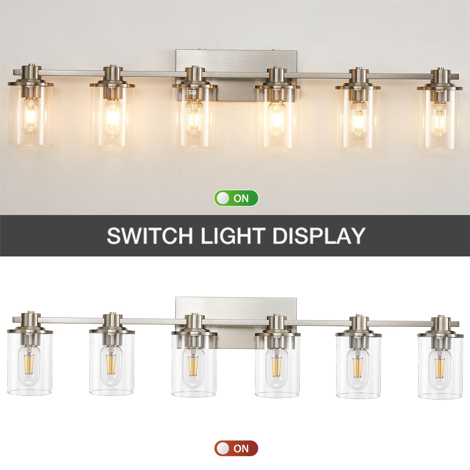 Brushed Nickel Bathroom Vanity Light Fixture - 6-Light Wall Sconce with Clear Glass Shade for Bathroom Mirror Lighting | Perfect for Modern Home Decor & Spa-Like Ambiance
