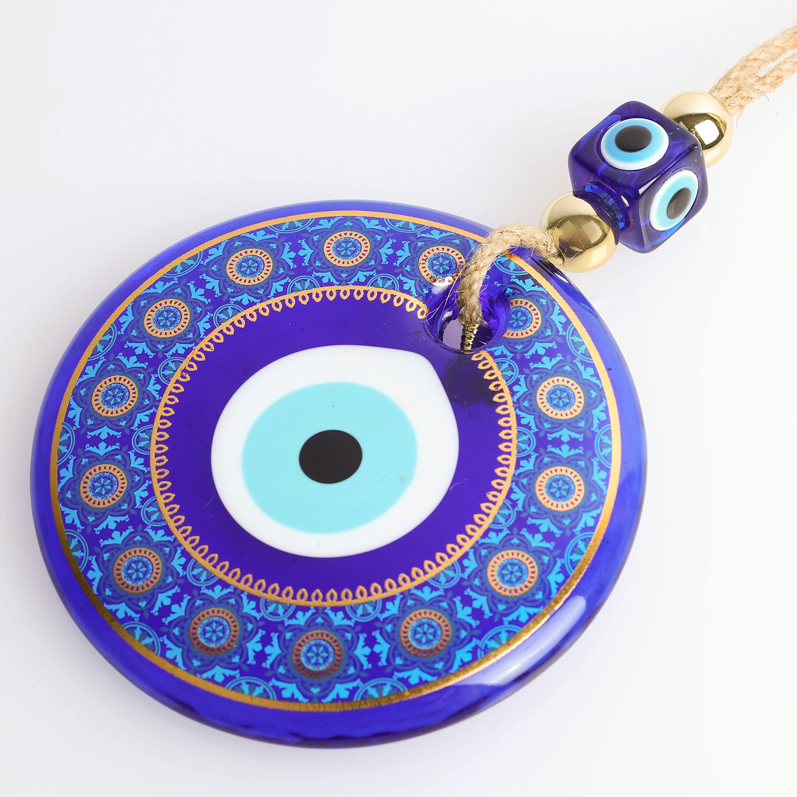 Evil Eye Wall Decor - 5.11 Inch Turquoise & Gold Frame Hanging Home Protection Ornament for Living Room, Bedroom & Office | Nevfactory Handmade Spiritual Decor