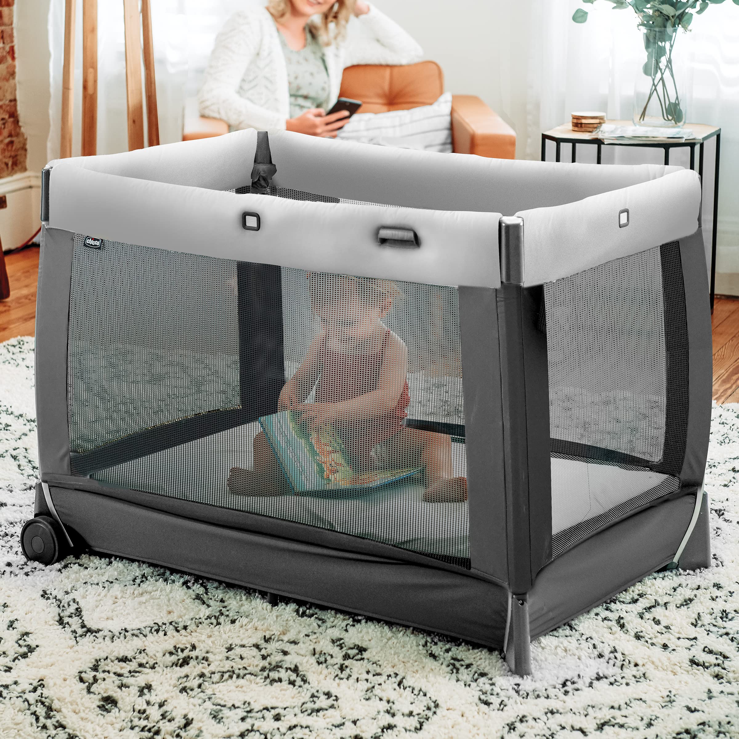 Chicco Lullaby® Portable Playard - Infant Bassinet, Baby Changing Station & Toddler Playpen | Lightweight Travel Crib for Home & On-The-Go | Calla Grey Design | Perfect for Nursery, Travel & Daycare