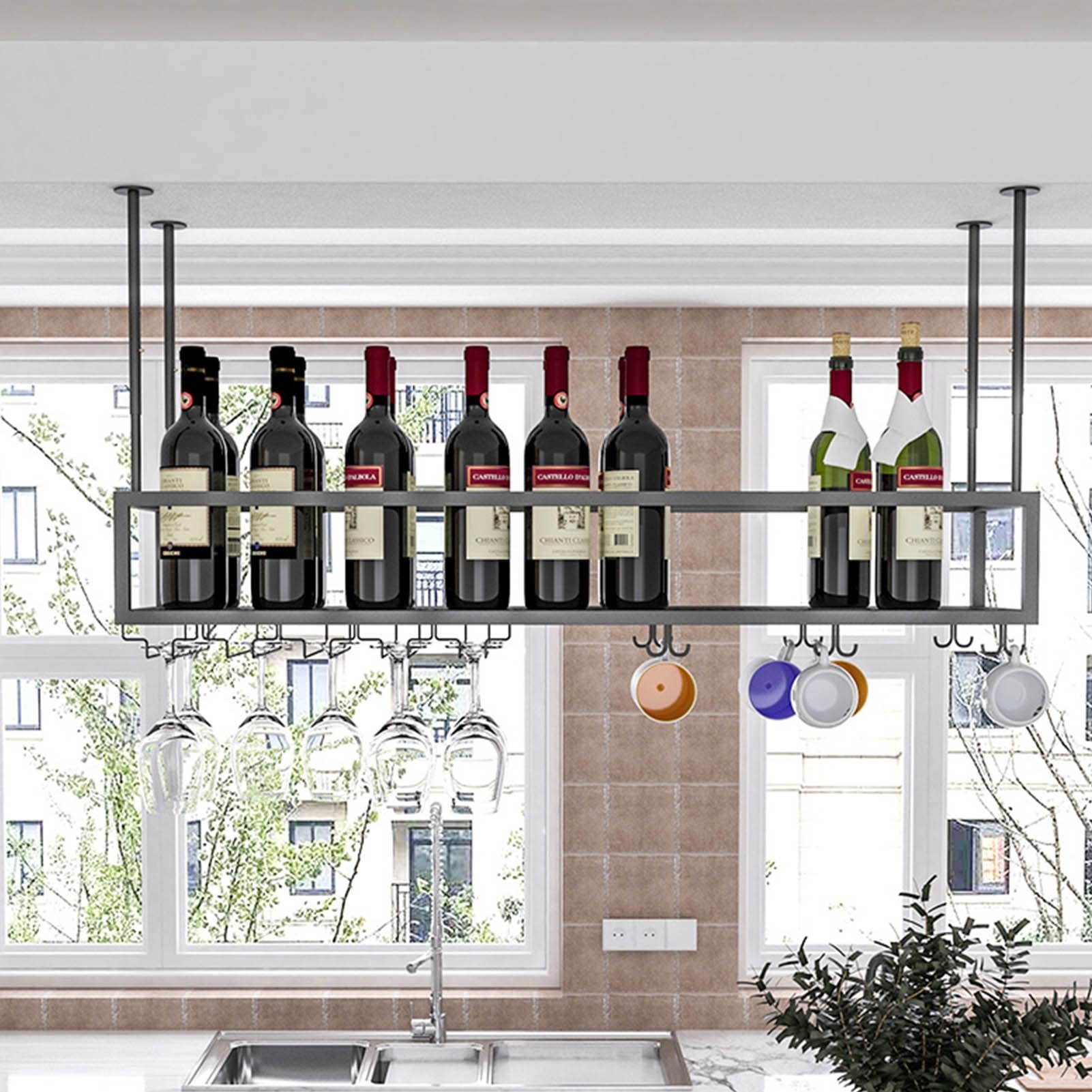 Black Iron Ceiling Hanging Wine Rack - Adjustable Height (60x25x21cm) for Wine Bottles & Glass Goblets Storage | Rustic Bar, Kitchen Decor | Perfect for Dining Rooms, Restaurants & Home Wine Cellars