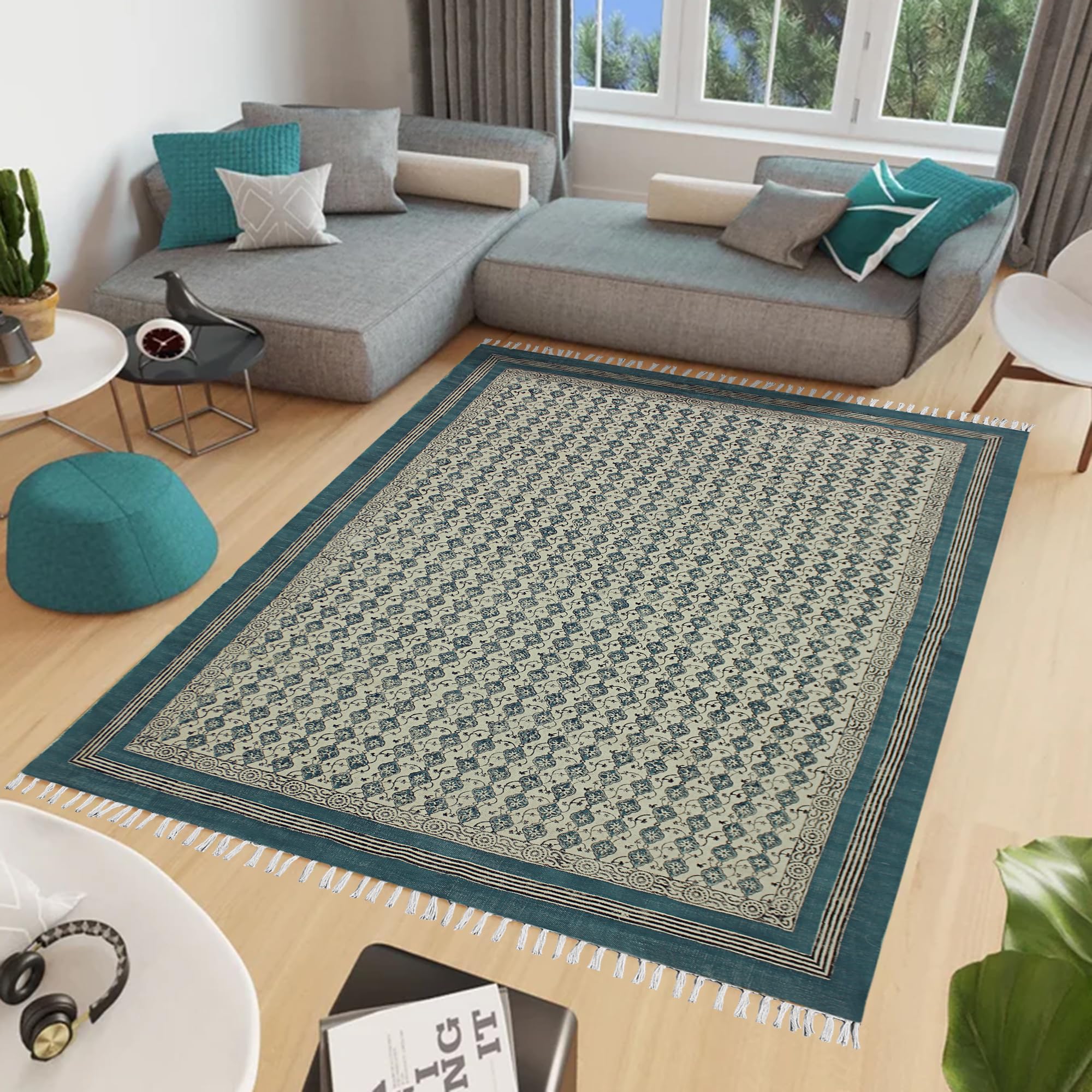 5x10 Turquoise Blue Cotton Dhurrie Floral Kilim Rug - Indoor/Outdoor Flatweave Runner for High Traffic Areas | Perfect for Bedroom, Bedside, Kitchen, Hallway & Stair Use