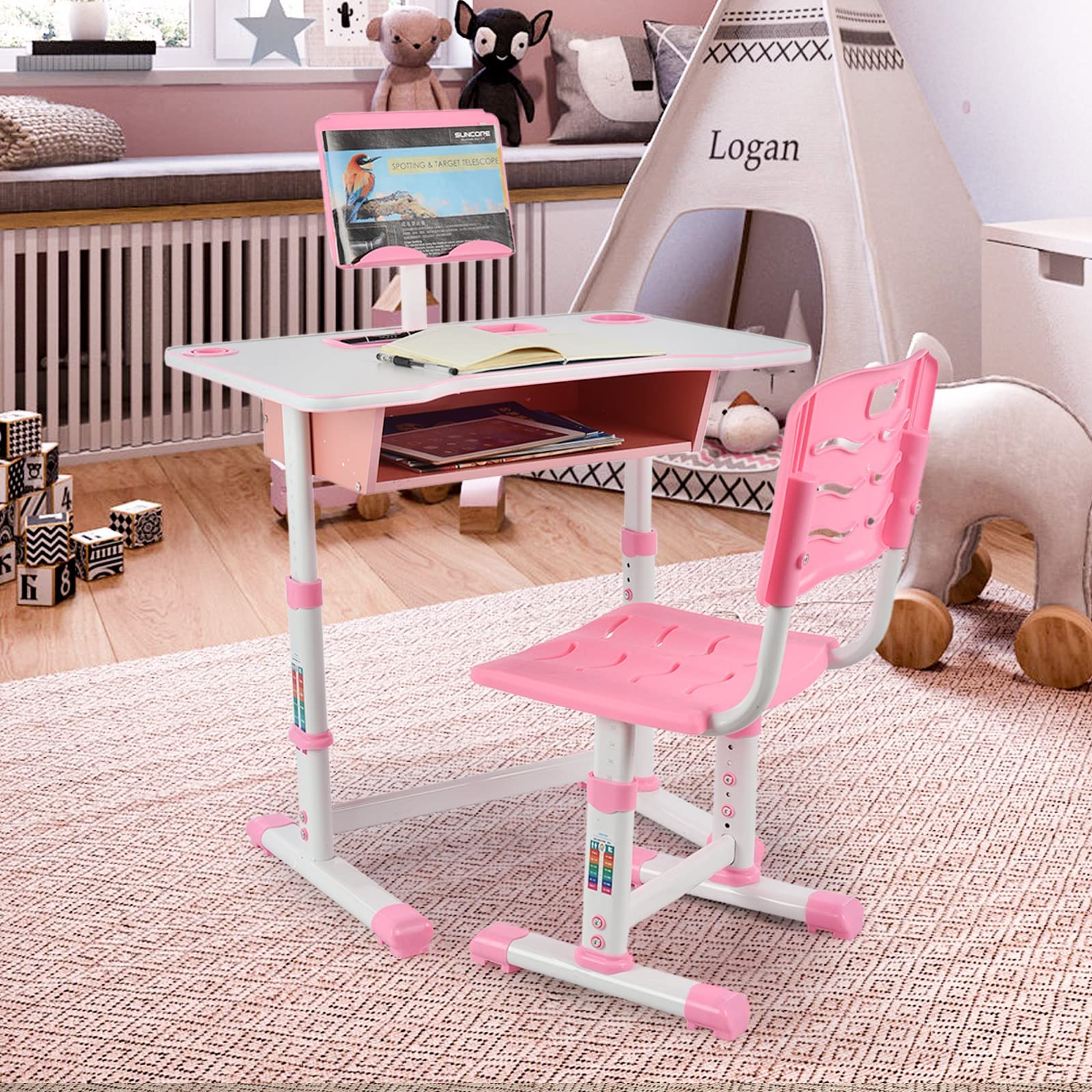 Adjustable Kids Study Desk and Chair Set with Bookstand - Ergonomic Children's Writing, Reading & Drawing Table for Home & School Use