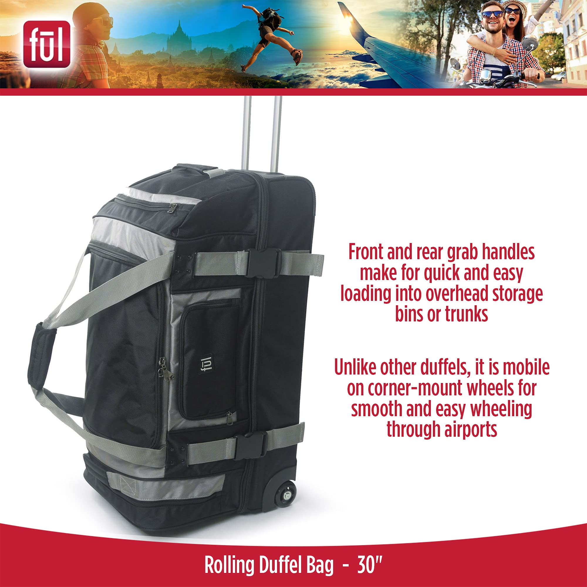 FUL Rig 30 Inch Rolling Duffel Bag - Large Wheeled Travel Luggage for Airplane, Cruise & Business Trips - Durable Spinner Suitcase with Smooth Wheels