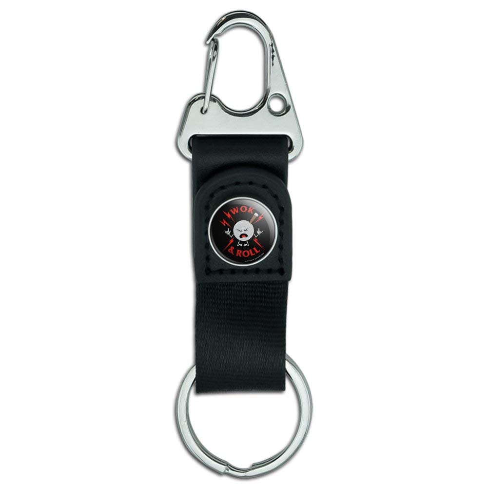Funny Wok and Roll Rock Humor Keychain with Leather Fabric Belt Clip & Carabiner - Perfect for Gifts, Keyrings, Backpacks & Everyday Carry (ECS)