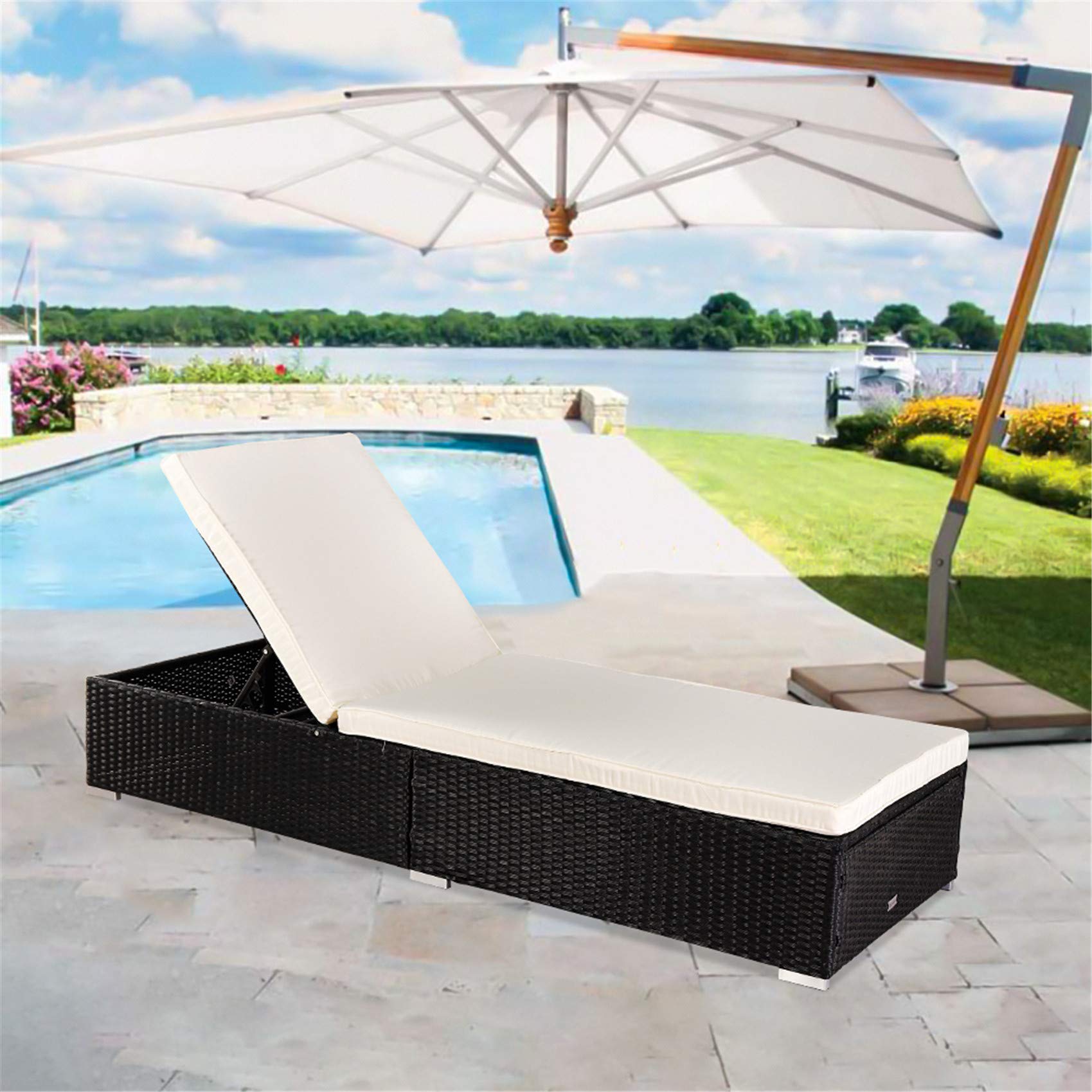 HomVent Adjustable Patio Chaise Lounge Chair - Rust-Resistant Outdoor Wicker Poolside Chaise with Removable Cushions & Handwoven Design (Black) - Perfect for Backyard, Garden, Beach and Pool Relaxation