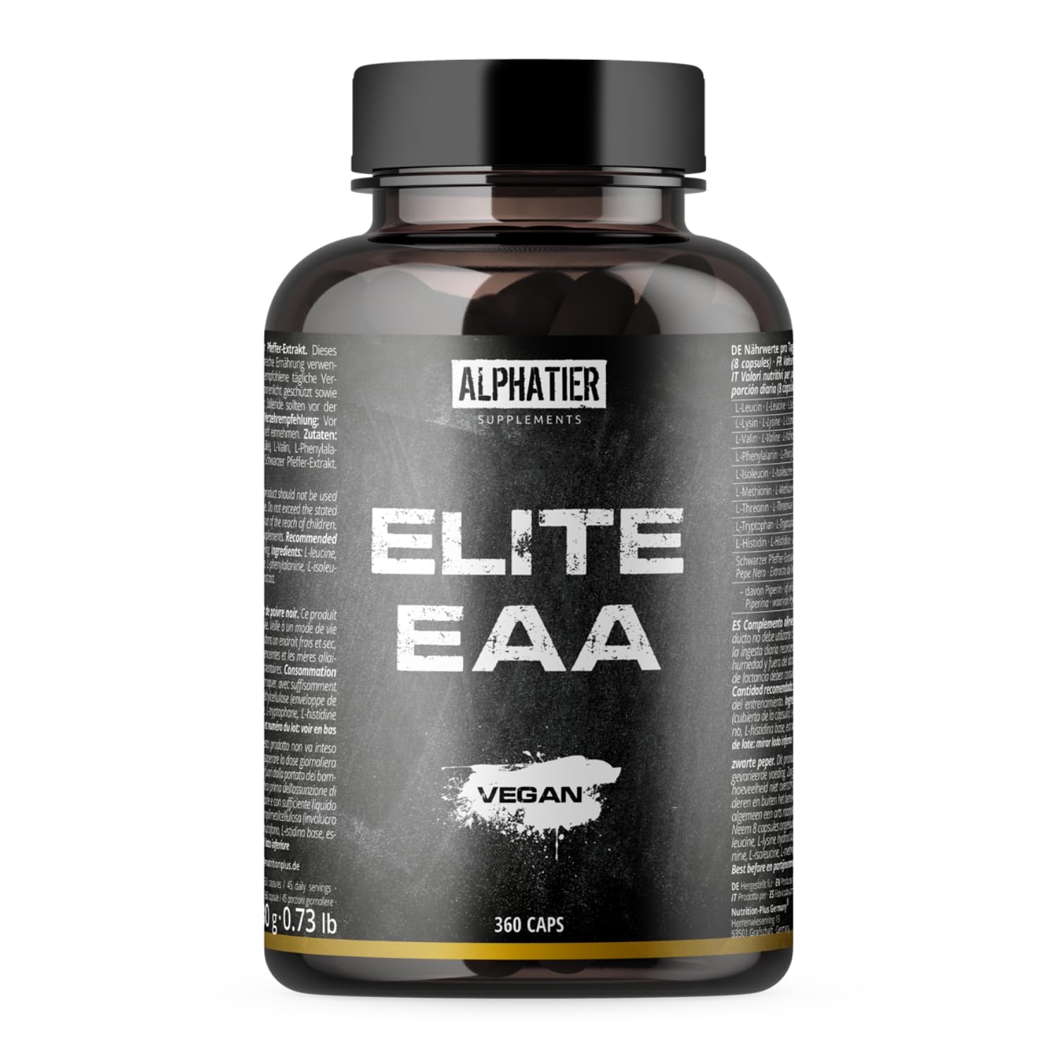 Alphatier EAA Capsules - 360 Mega Caps 750mg - High Dose Vegan - 8 Essential Amino Acids - Pure Protein Capsules No Additives - Amino Supplement for Muscle Recovery, Workout & Fitness