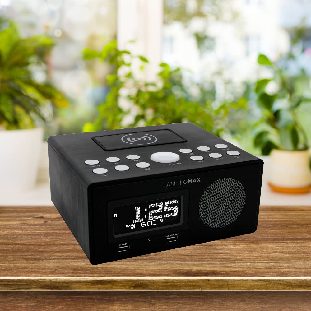 HANNLOMAX HX-202Qi Wireless Charging Alarm Clock Radio with Bluetooth, 10W Fast Charging, Dual USB Ports, Temperature Display & Nightlight - Perfect for Bedroom, Office, Travel (Black)