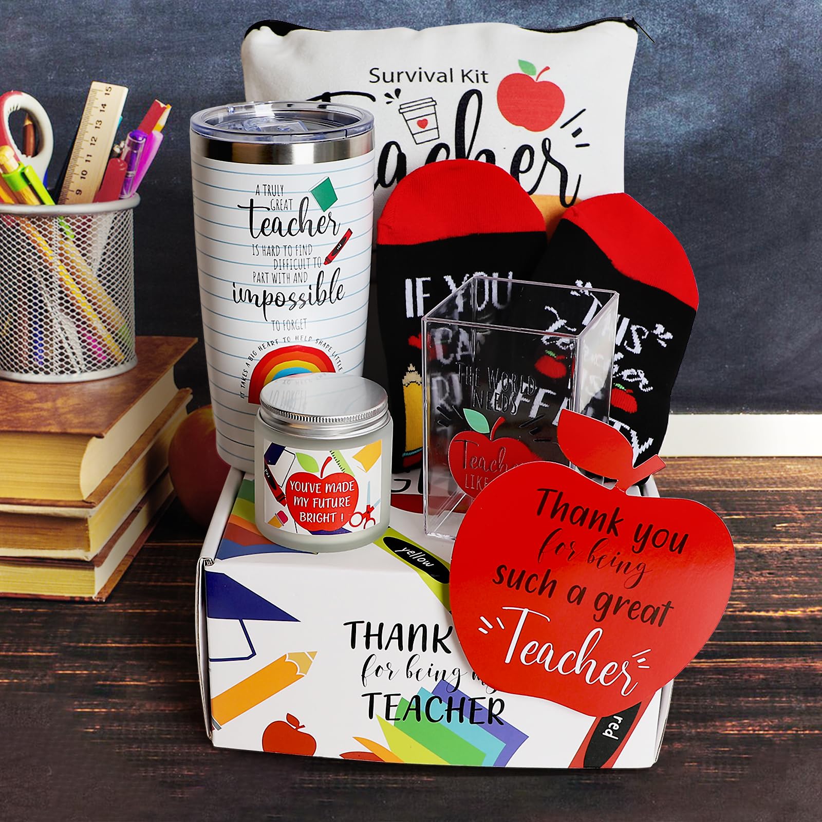 6-Piece Teacher Appreciation Gift Set - Socks, Pen Holder & Scented Candle - Perfect for Back to School, Graduation, Valentine's Day & End of Year - Thoughtful Gifts for Teachers, Educators & Professors